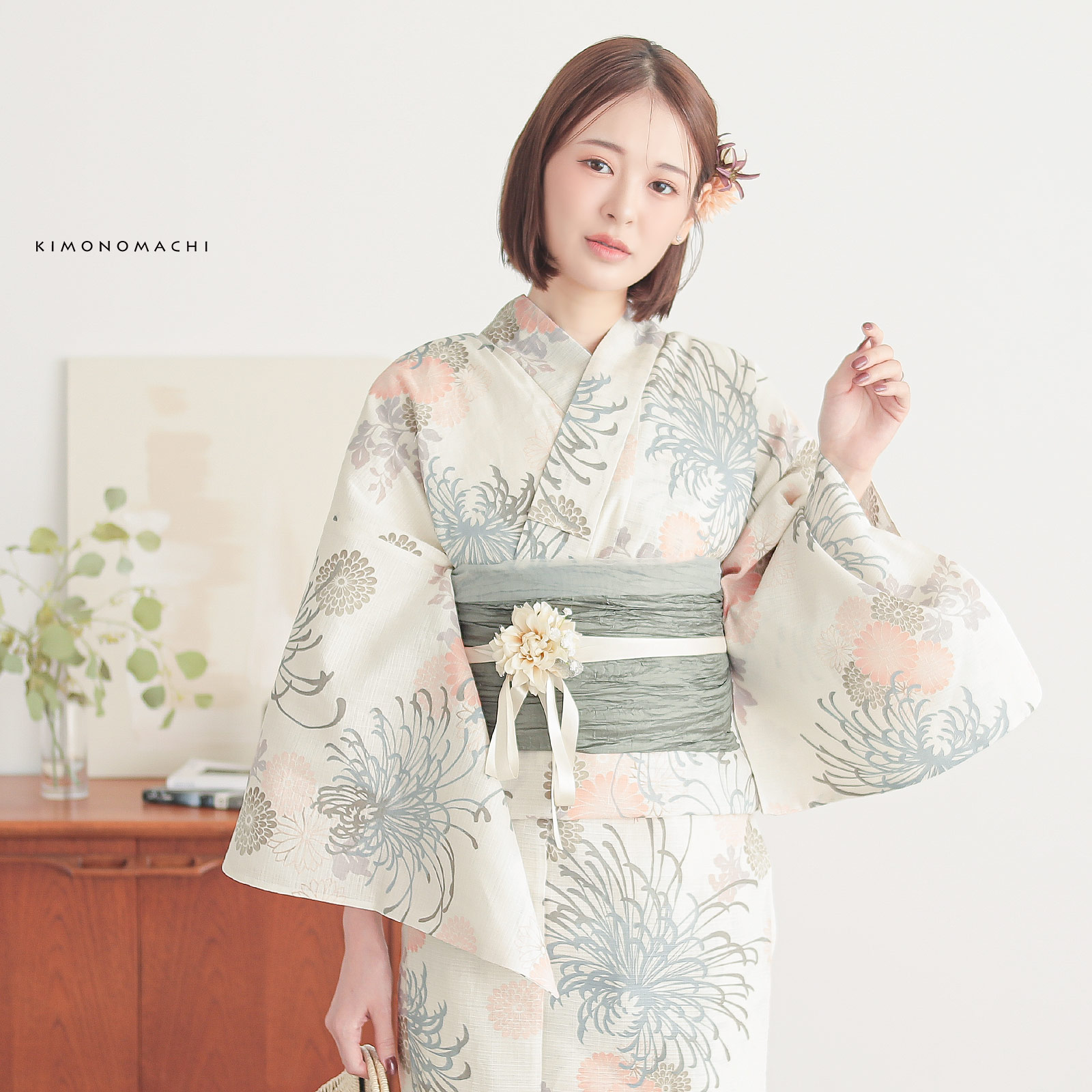 綿女性浴衣：糸菊に菊花紋　コーラル