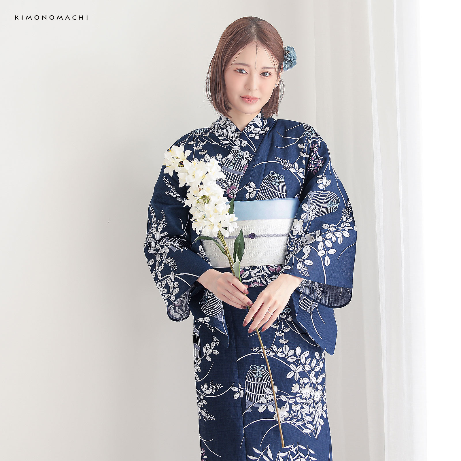 綿女性浴衣：秋草に虫かご　ネイビー