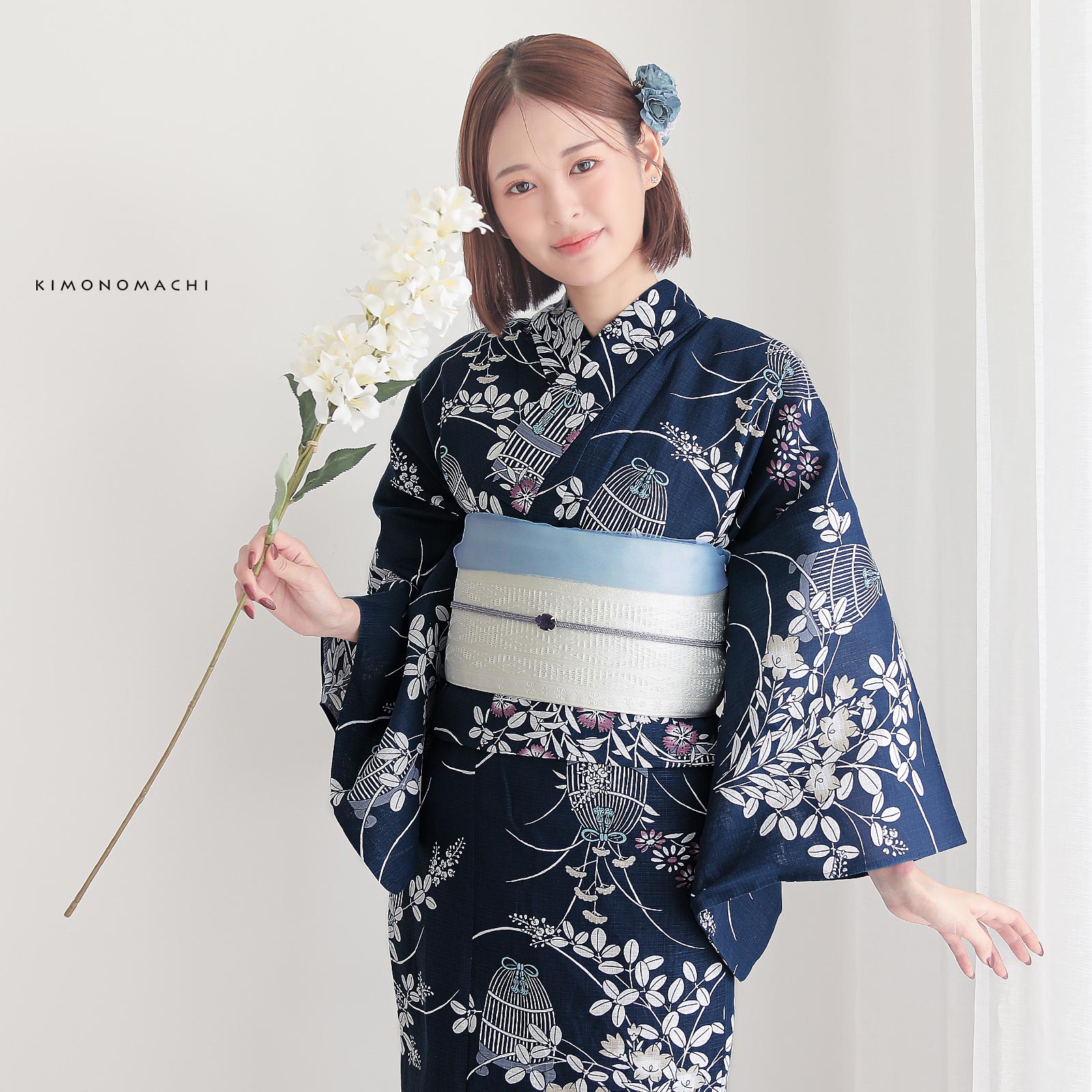 綿女性浴衣：秋草に虫かご　ネイビー