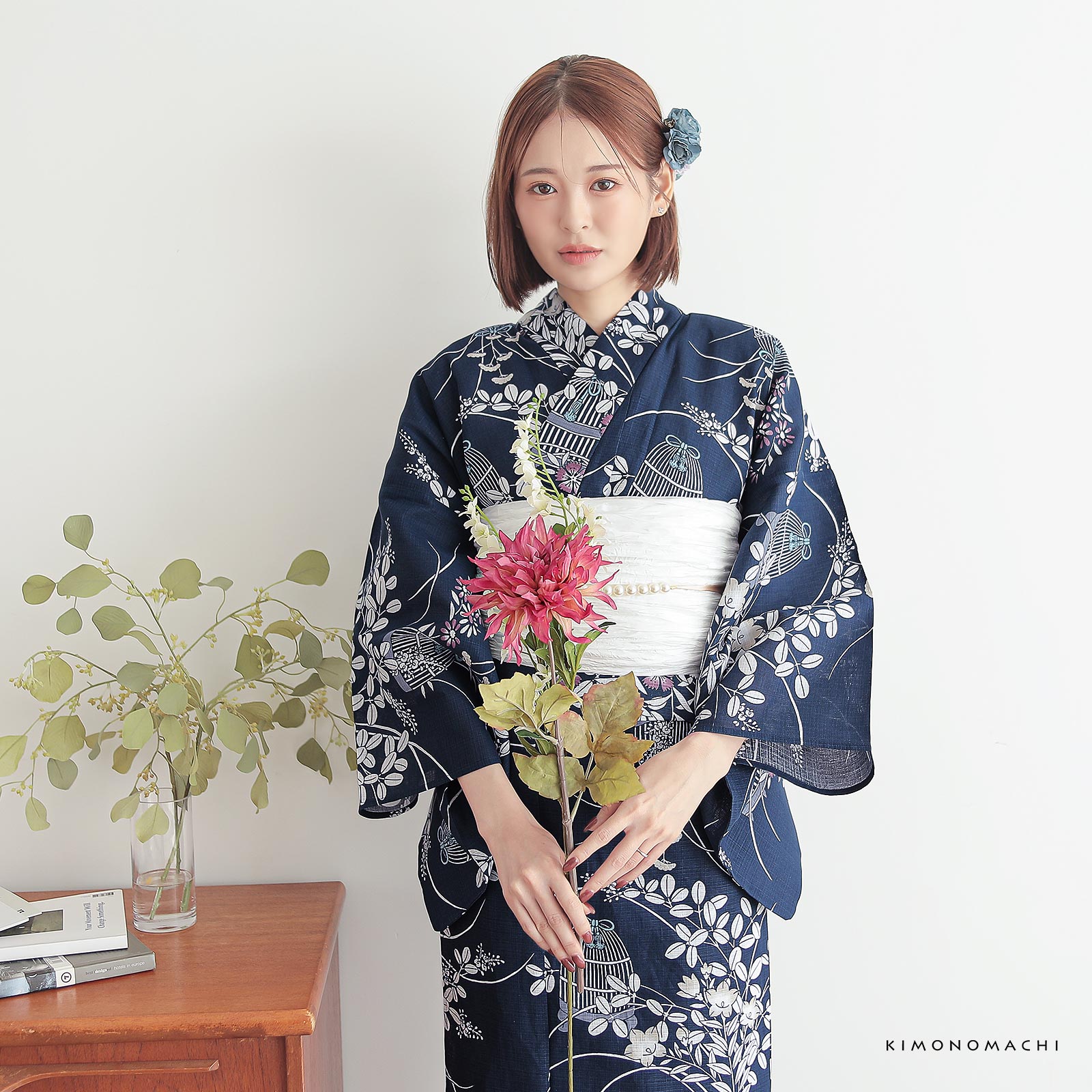 綿女性浴衣：秋草に虫かご　ネイビー