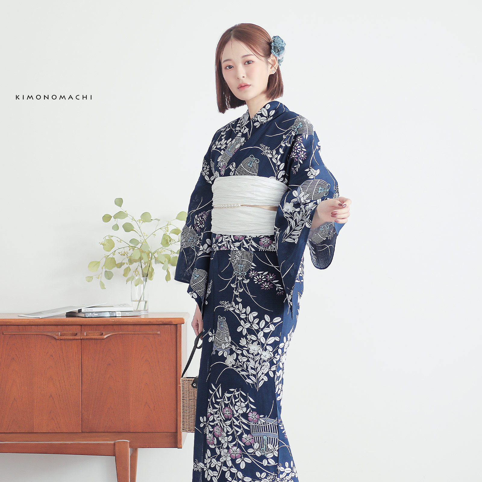 綿女性浴衣：秋草に虫かご　ネイビー