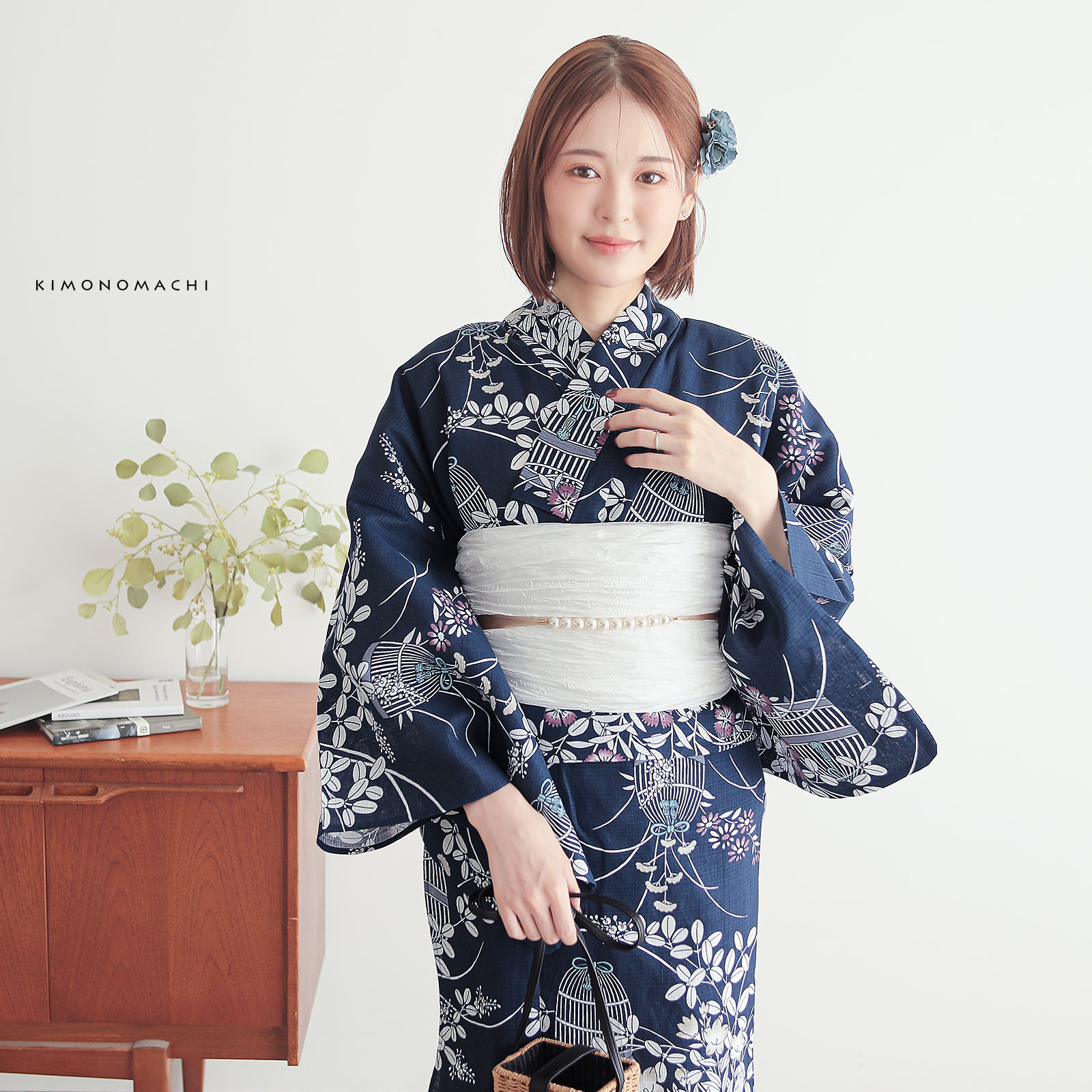 綿女性浴衣：秋草に虫かご　ネイビー