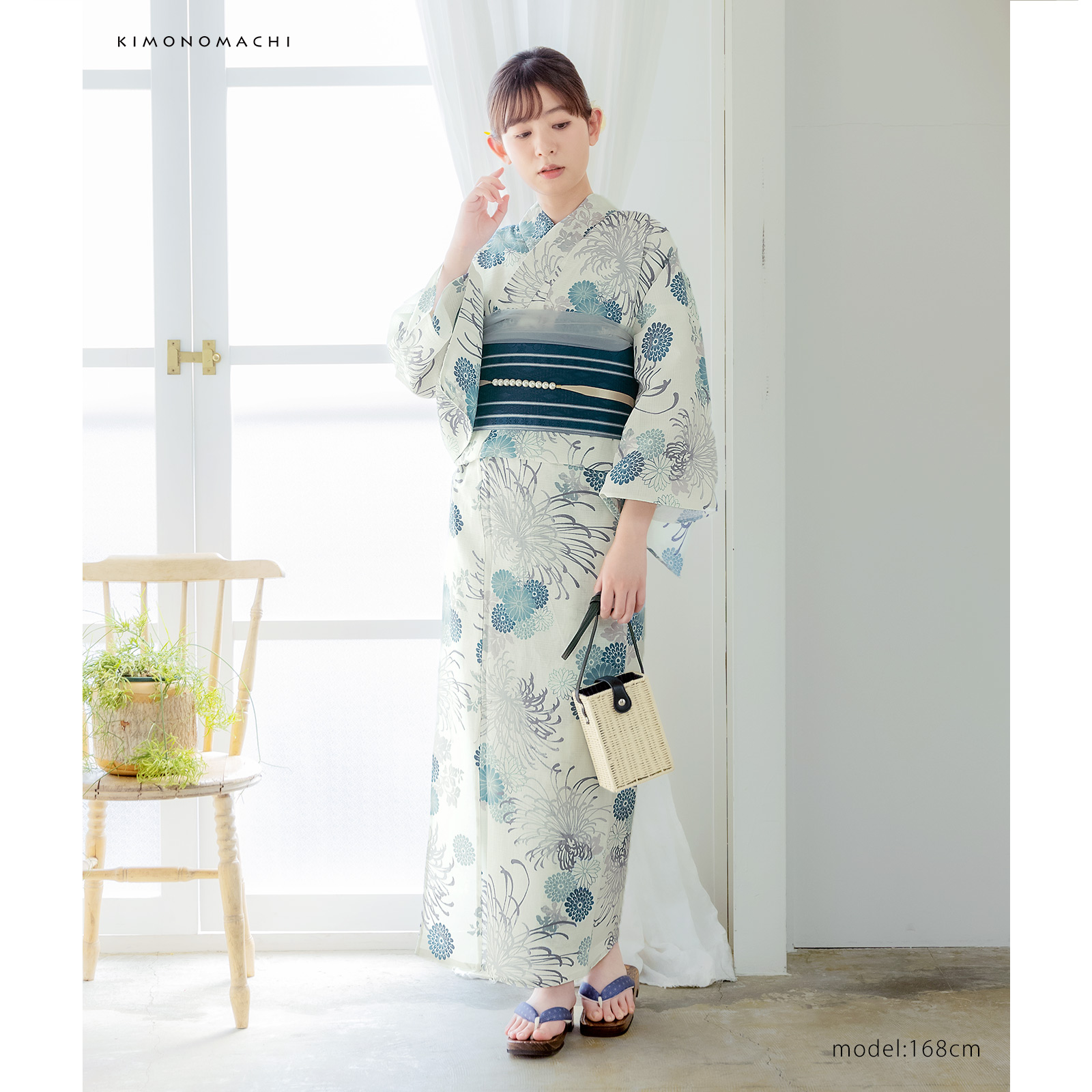 綿女性浴衣：糸菊に菊花紋　ブルー