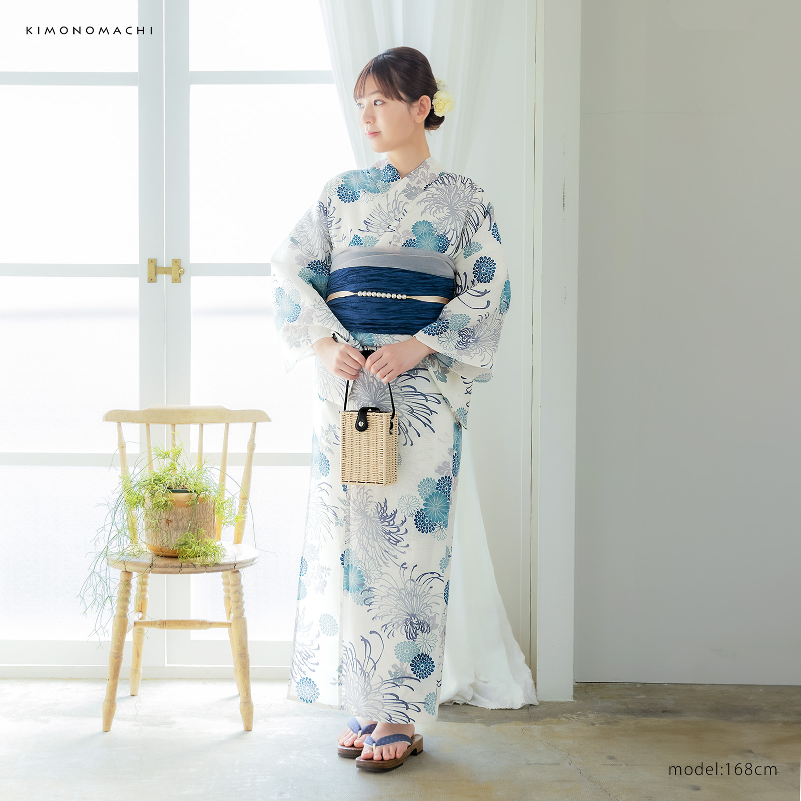 綿女性浴衣：糸菊に菊花紋　ブルー
