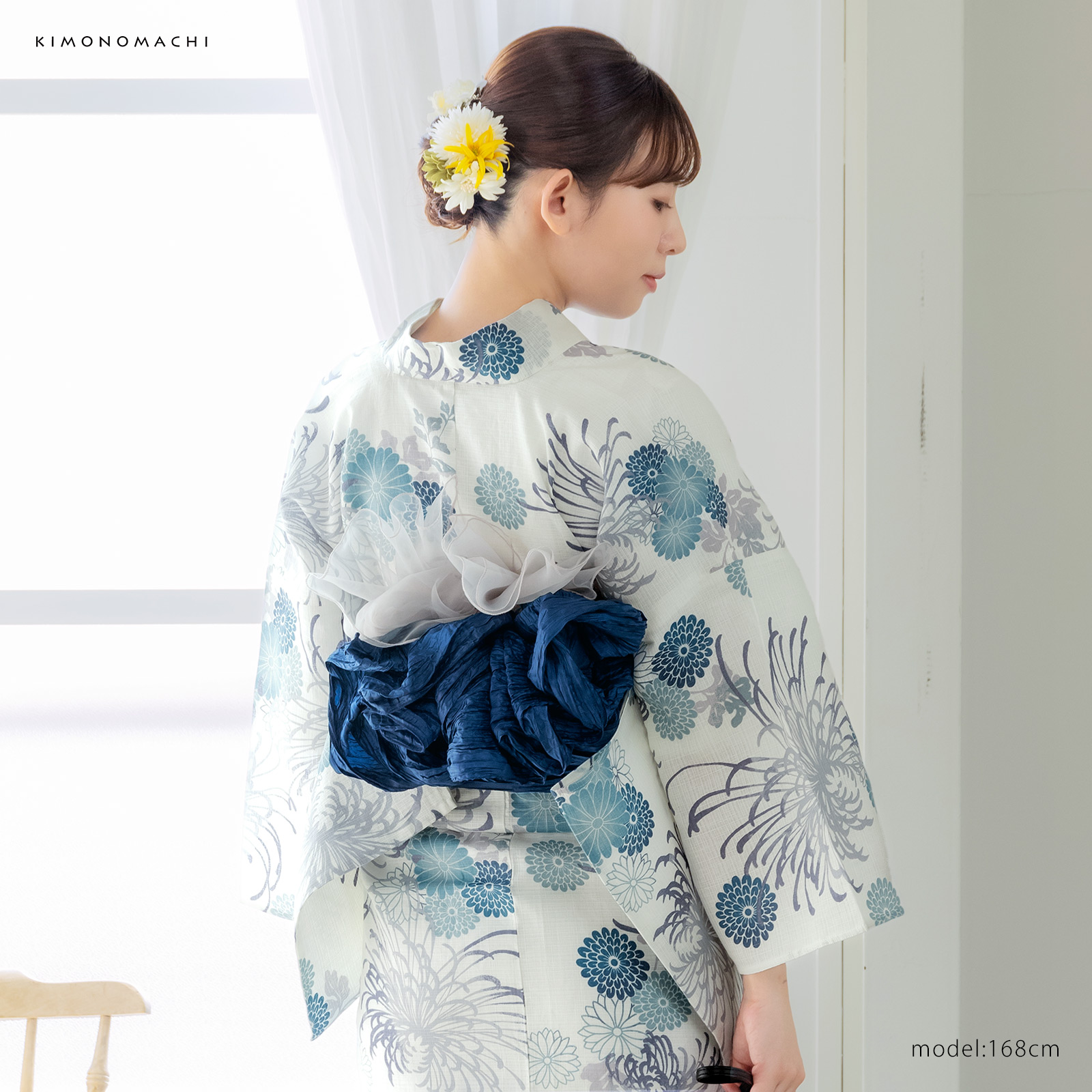 綿女性浴衣：糸菊に菊花紋　ブルー