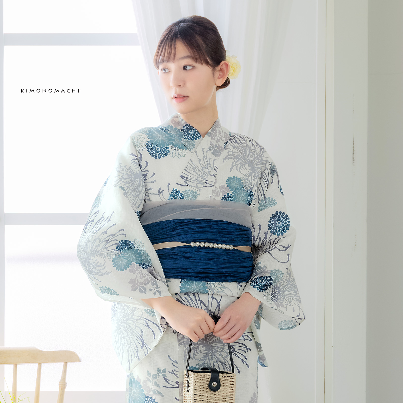 綿女性浴衣：糸菊に菊花紋　ブルー