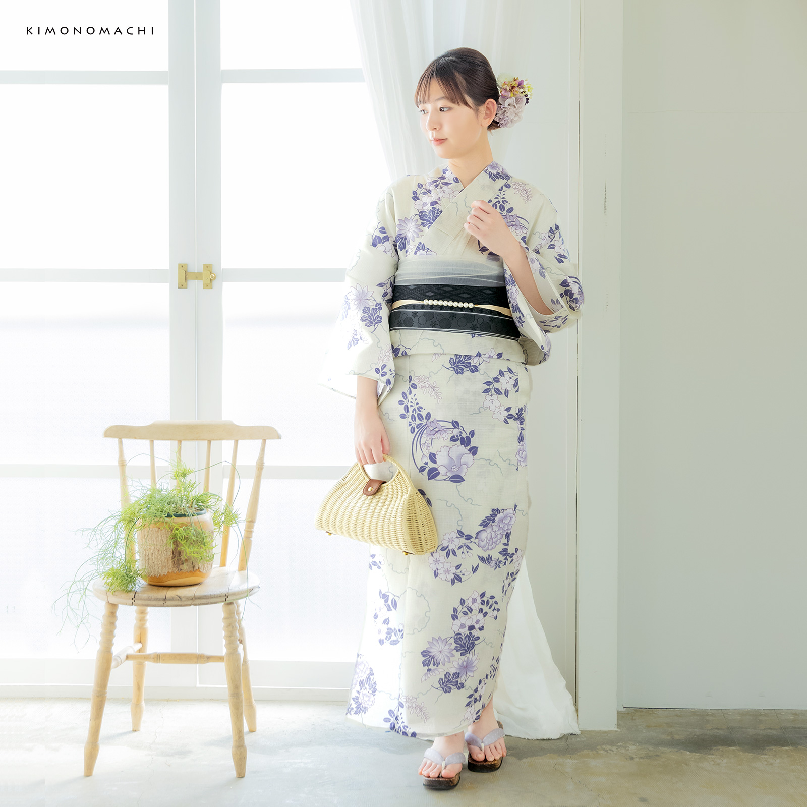 綿女性浴衣：雪輪に花の丸　パープル