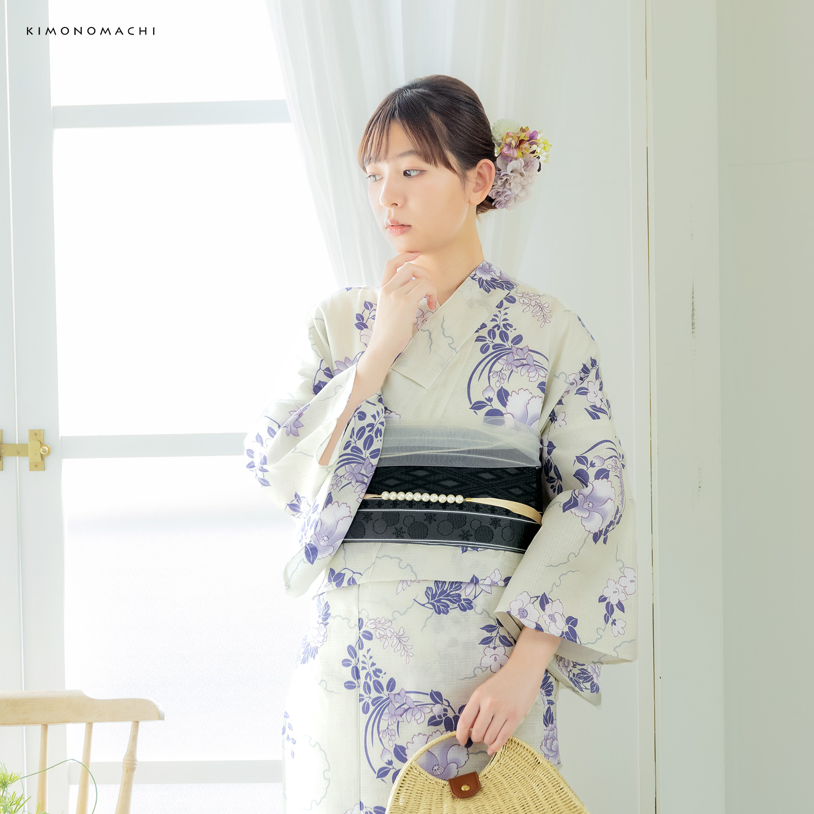 綿女性浴衣：雪輪に花の丸　パープル