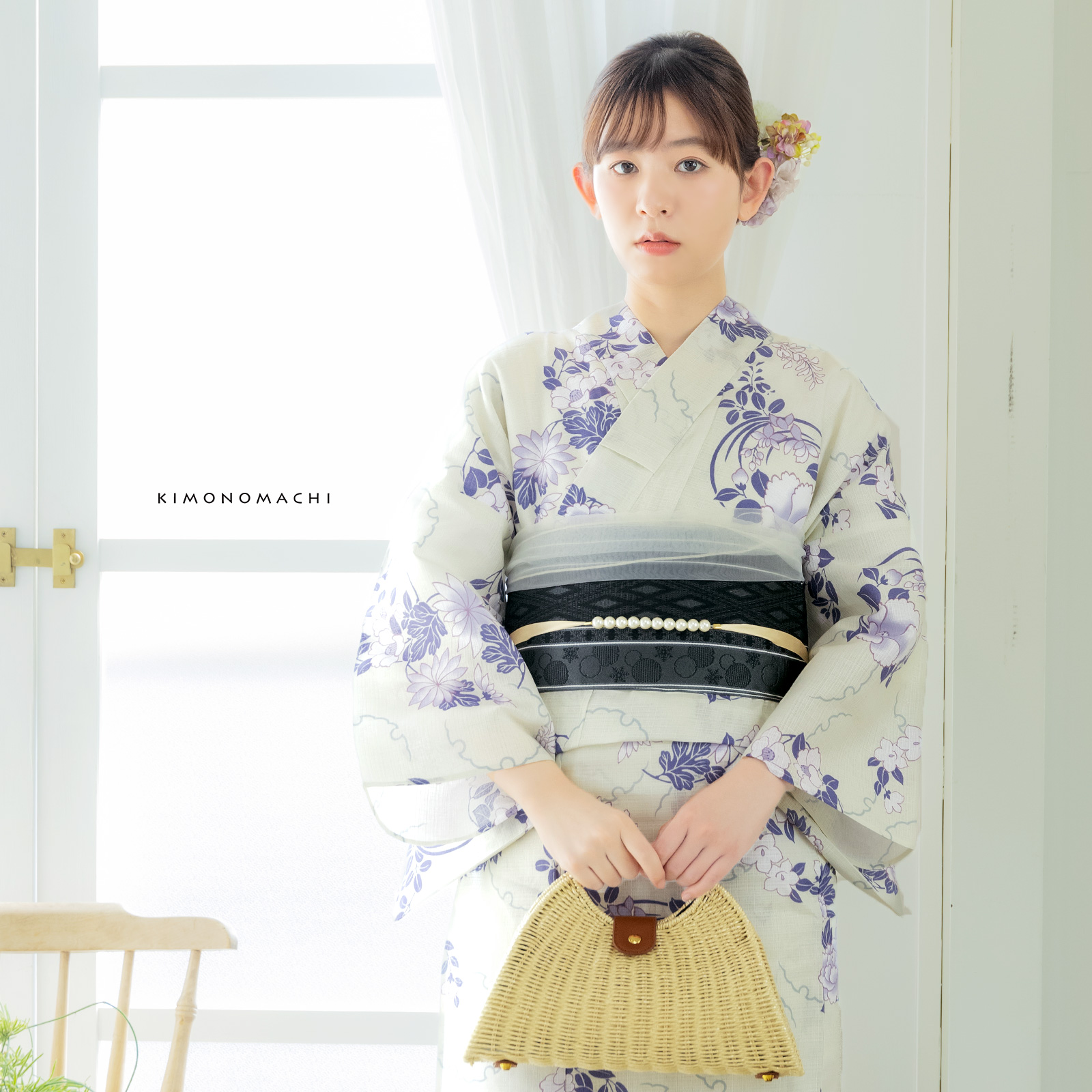 綿女性浴衣：雪輪に花の丸　パープル