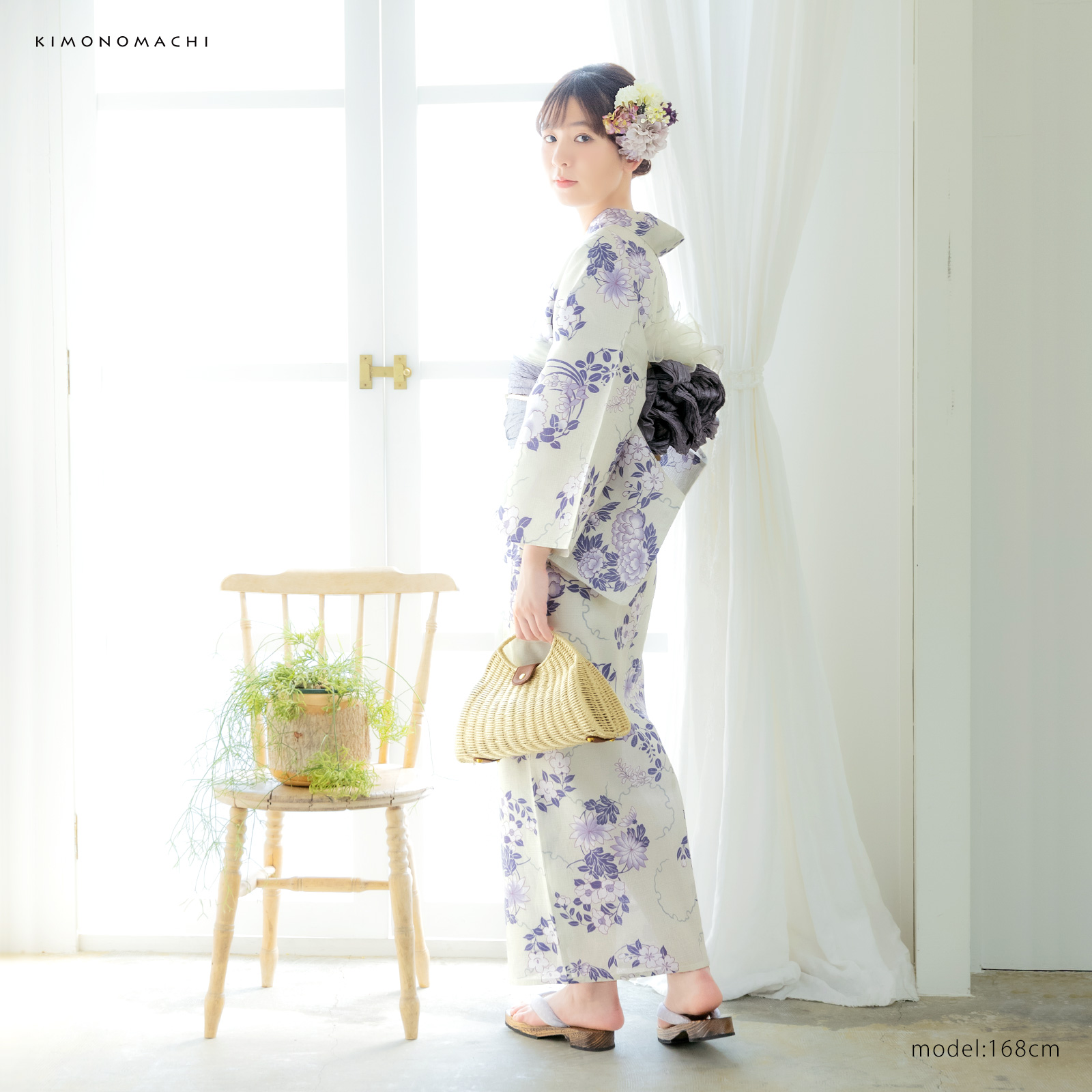 綿女性浴衣：雪輪に花の丸　パープル