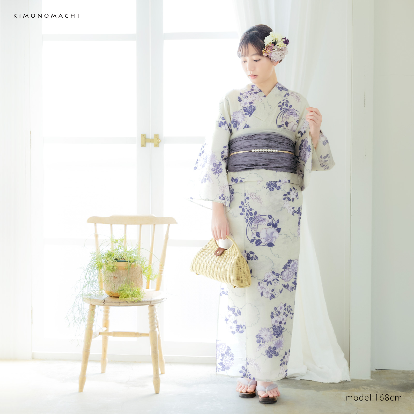 綿女性浴衣：雪輪に花の丸　パープル