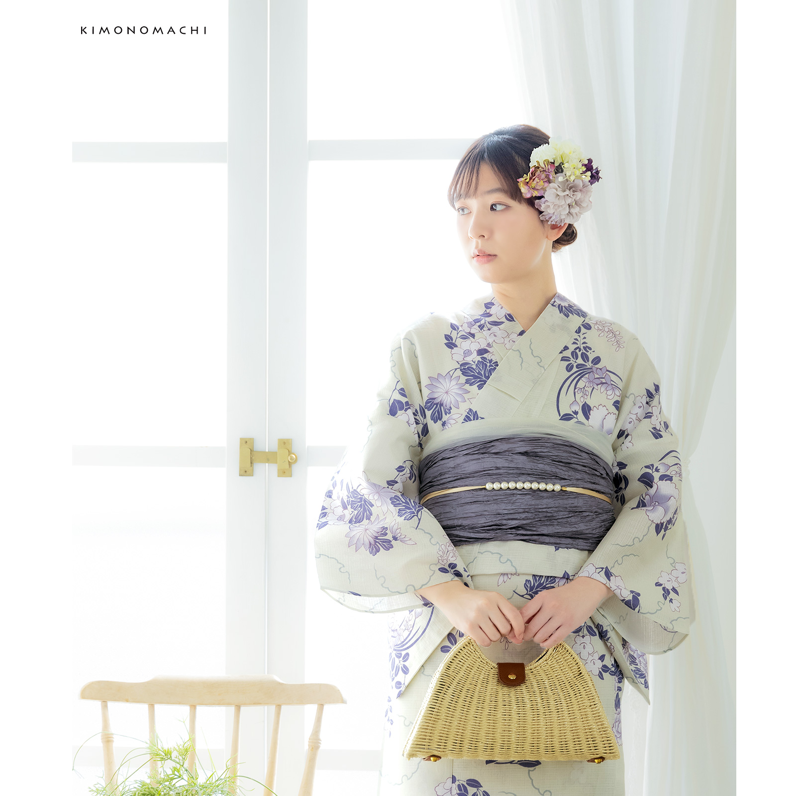 綿女性浴衣：雪輪に花の丸　パープル