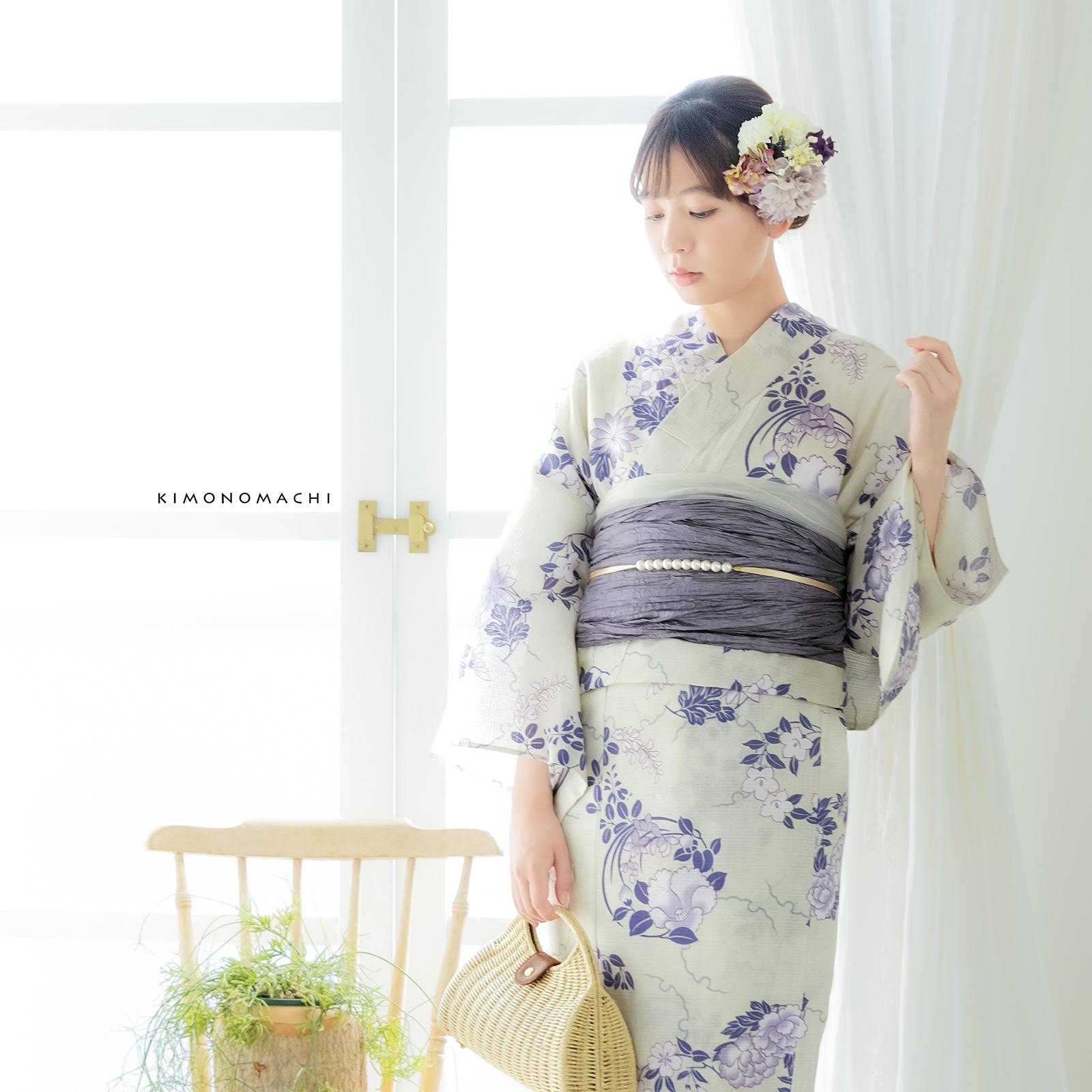 綿女性浴衣：雪輪に花の丸　パープル