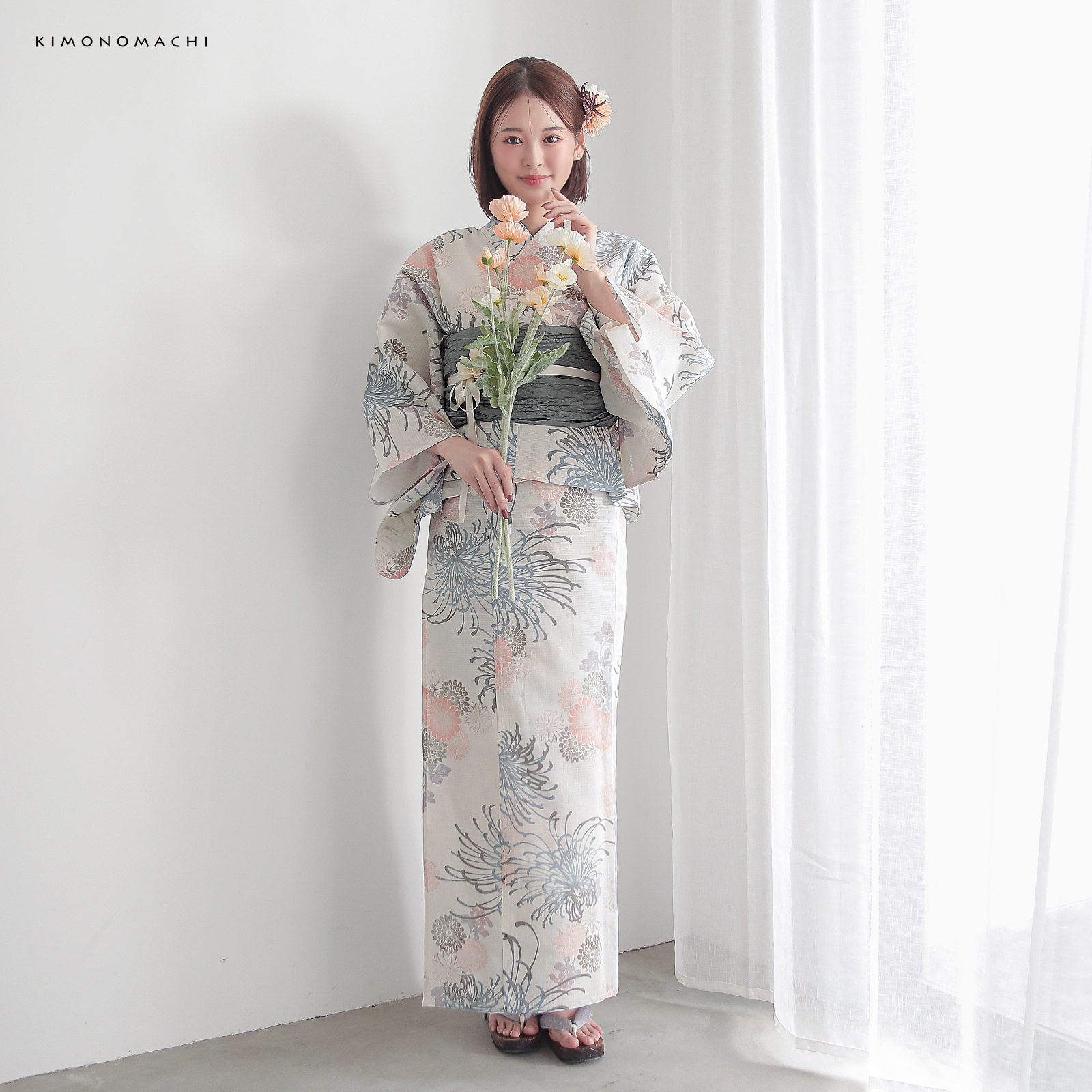 綿女性浴衣二部式：糸菊に菊花紋　コーラル