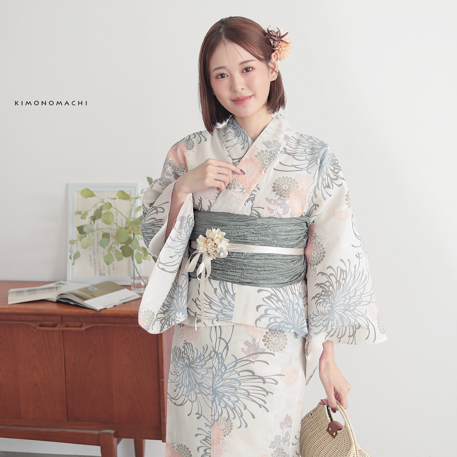 綿女性浴衣二部式：糸菊に菊花紋　コーラル