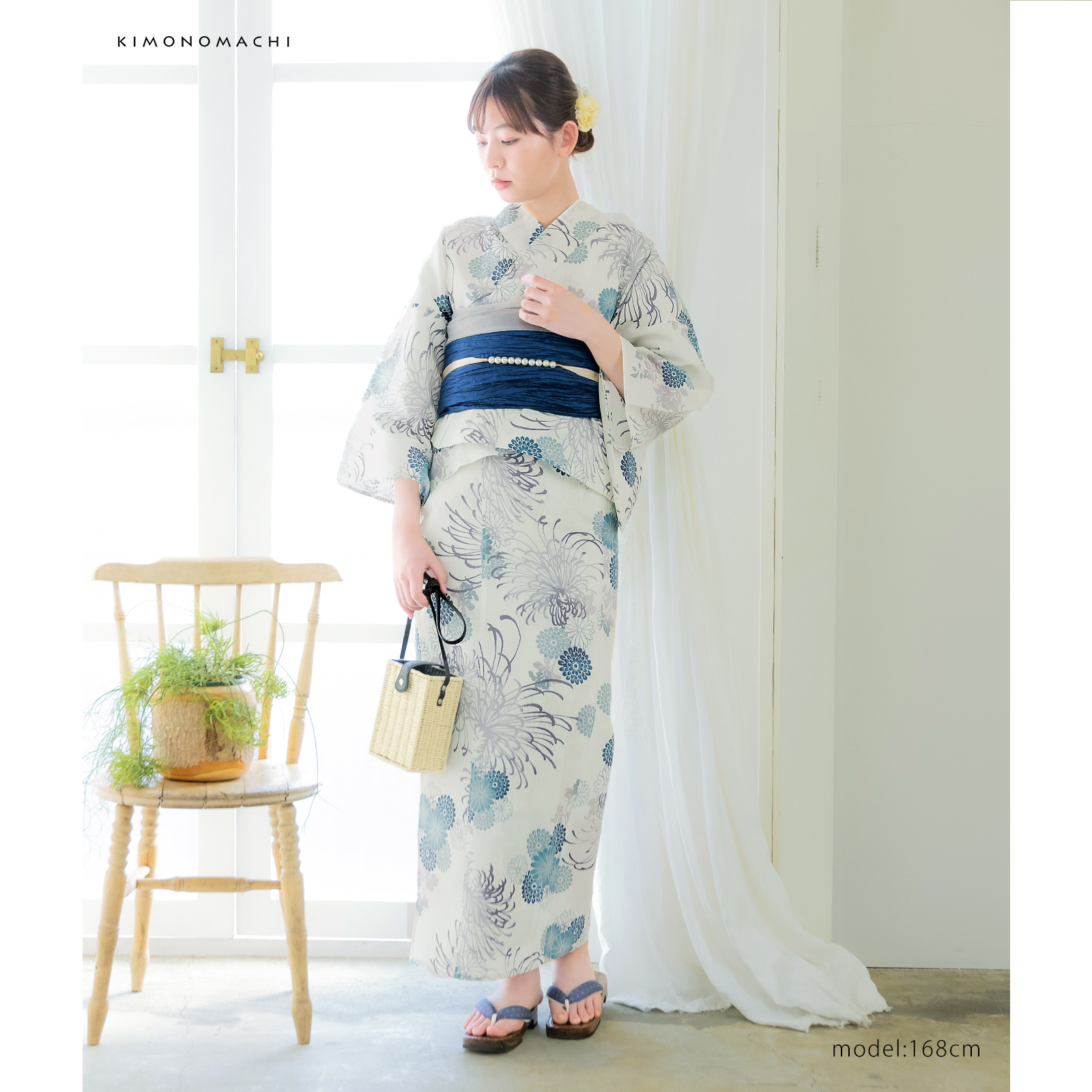 綿女性浴衣二部式：糸菊に菊花紋　ブルー
