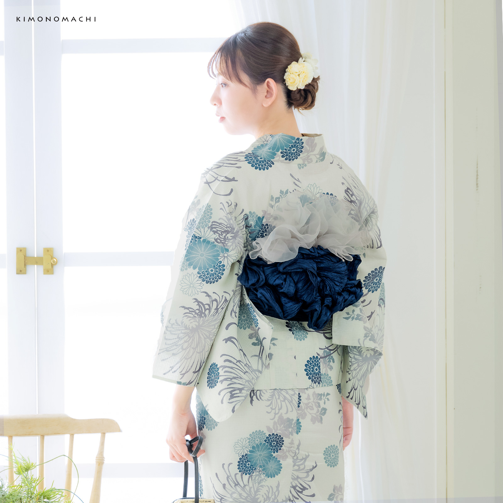 綿女性浴衣二部式：糸菊に菊花紋　ブルー