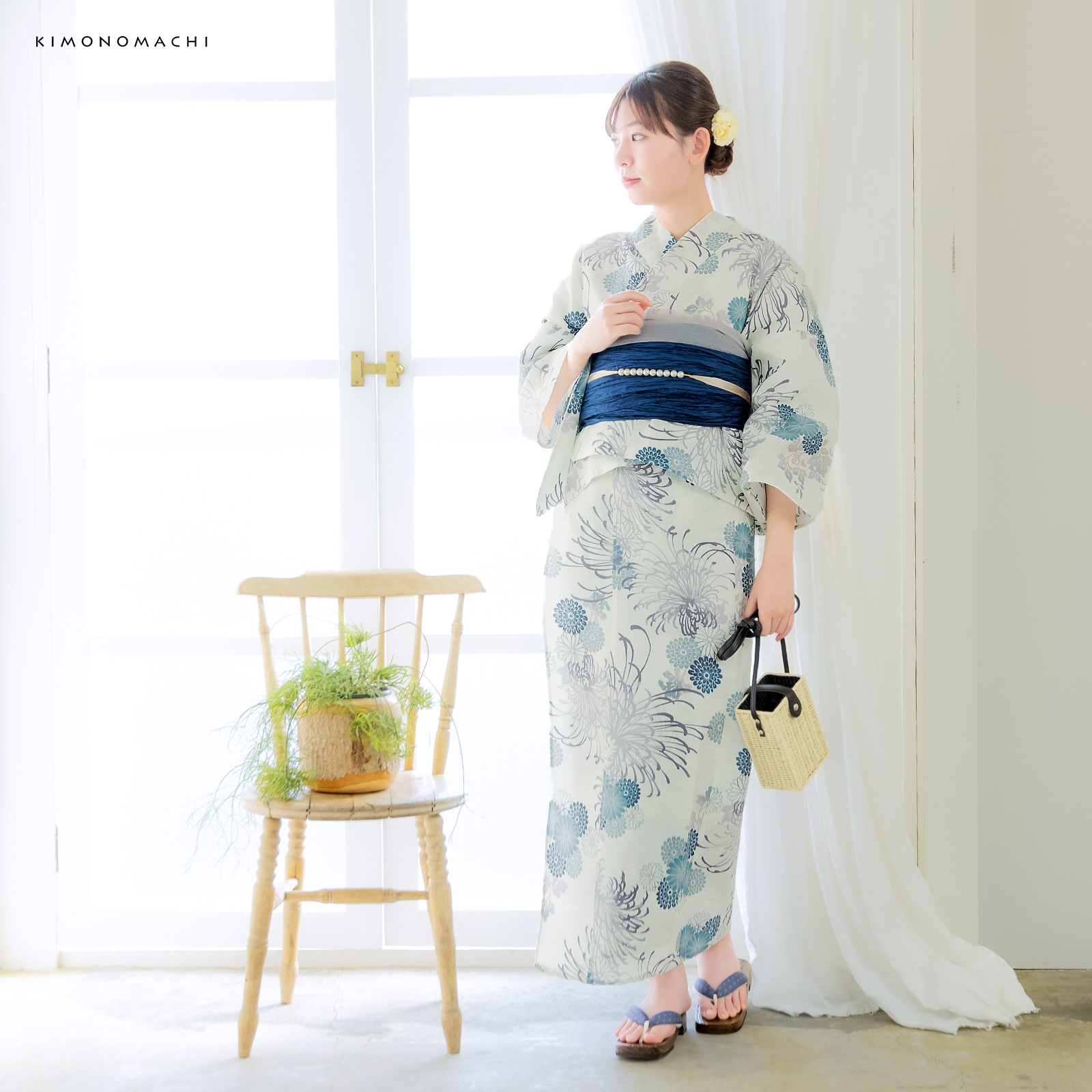 綿女性浴衣二部式：糸菊に菊花紋　ブルー