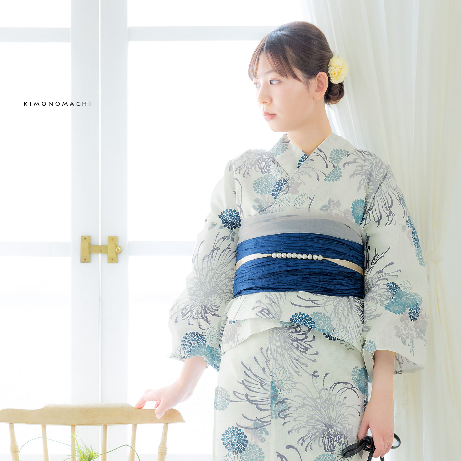 綿女性浴衣二部式：糸菊に菊花紋　ブルー