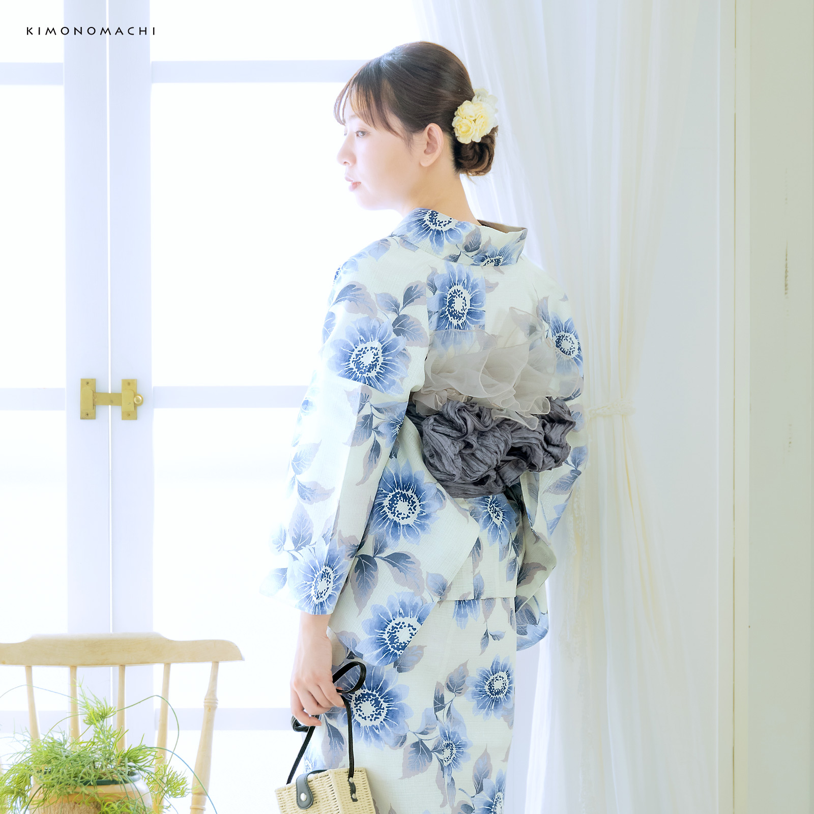 綿女性浴衣二部式：向日葵　ゼニスブルー