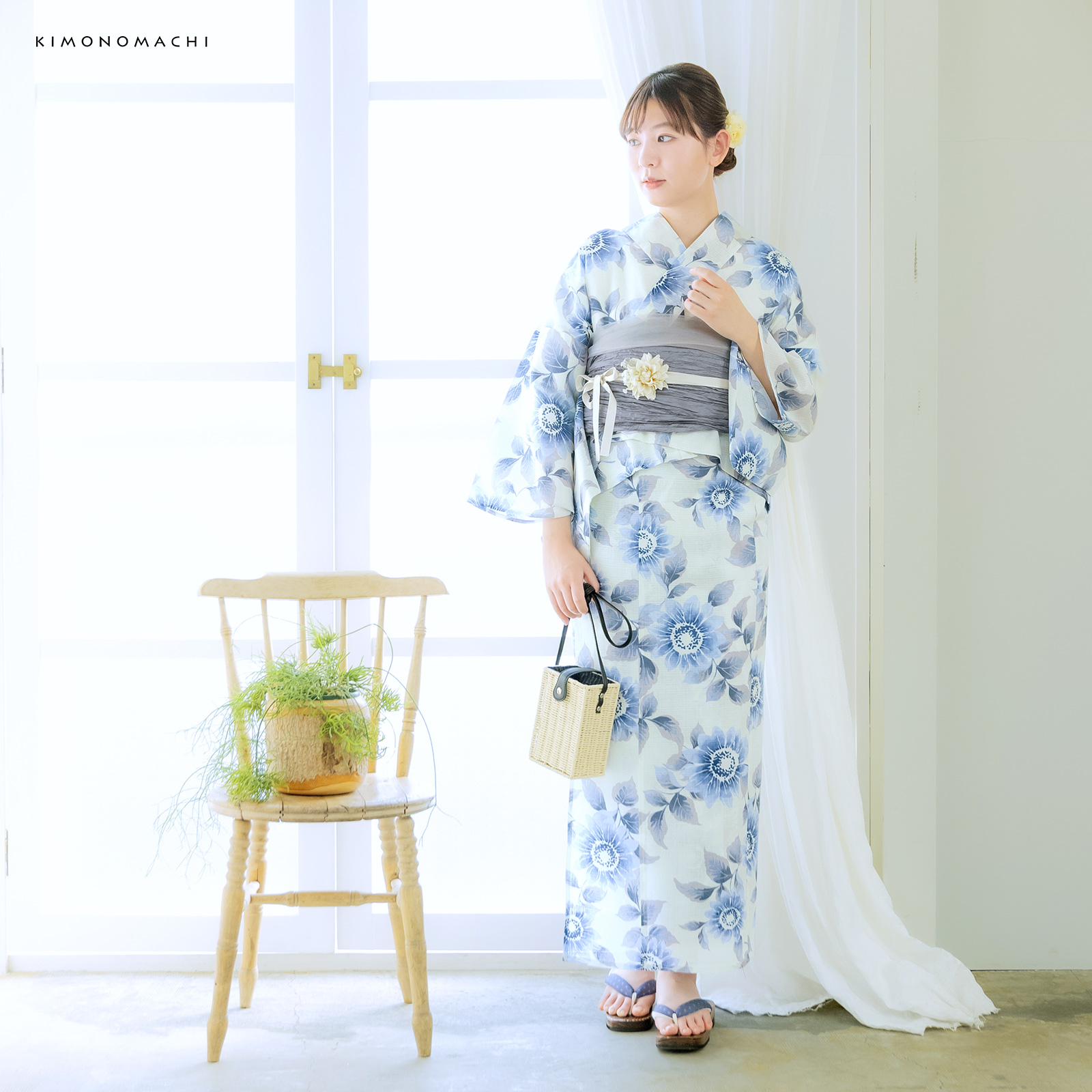 綿女性浴衣二部式：向日葵　ゼニスブルー