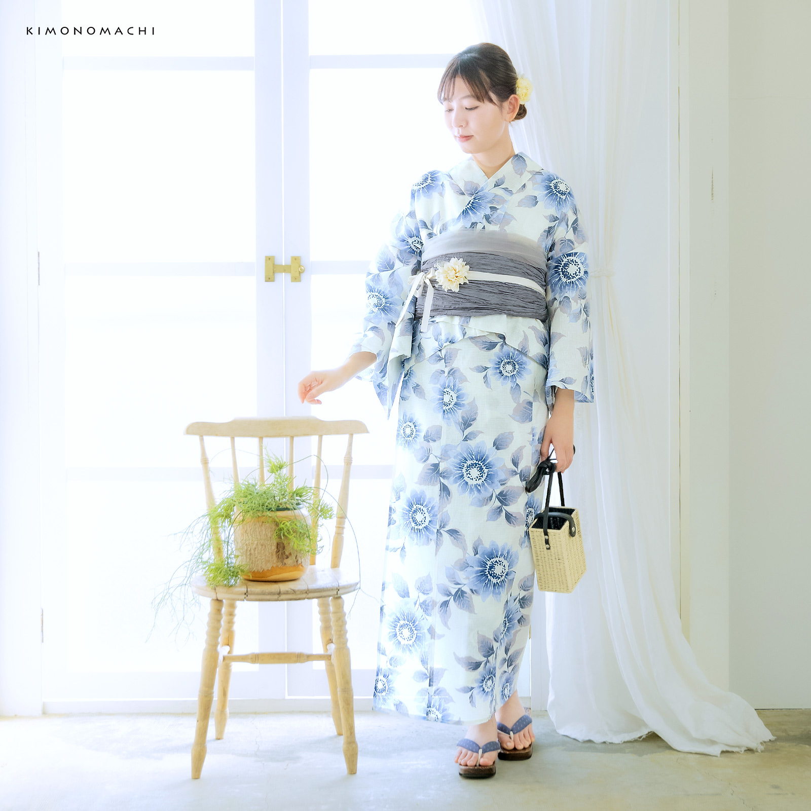 綿女性浴衣二部式：向日葵　ゼニスブルー