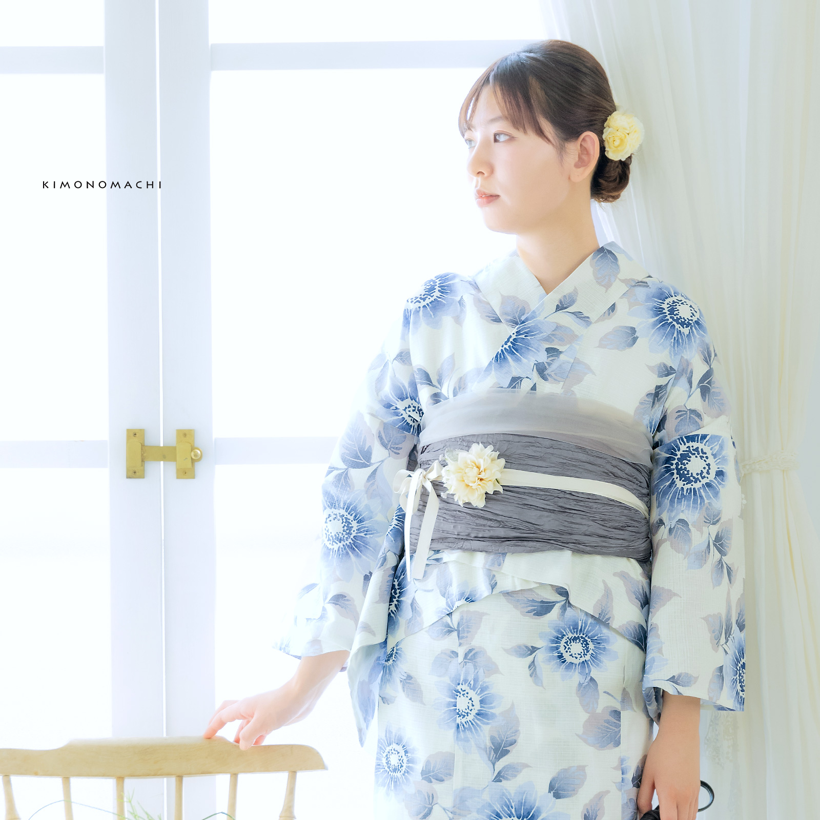 綿女性浴衣二部式：向日葵　ゼニスブルー
