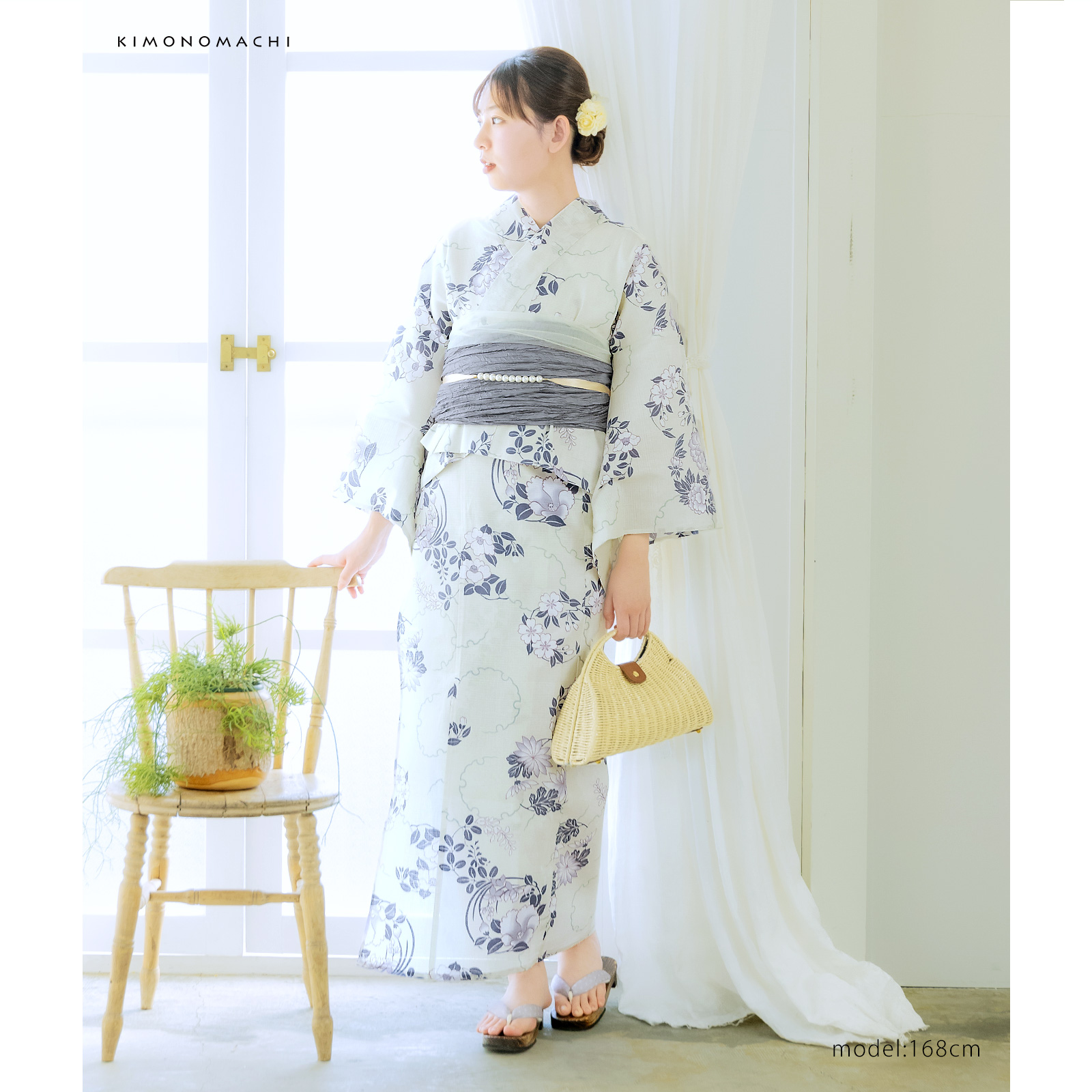 綿女性浴衣二部式：雪輪に花の丸　パープル