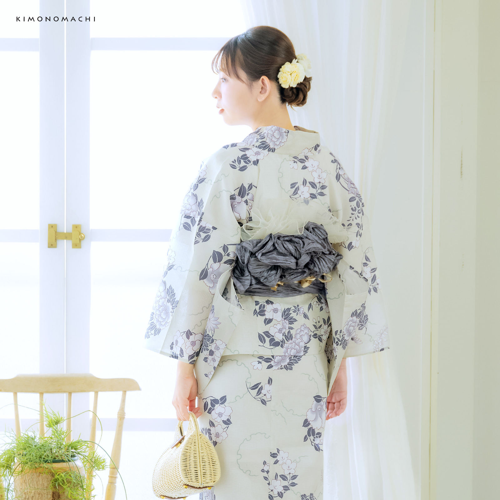 綿女性浴衣二部式：雪輪に花の丸　パープル