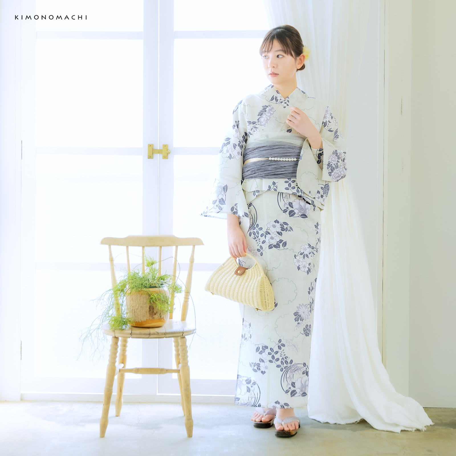 綿女性浴衣二部式：雪輪に花の丸　パープル