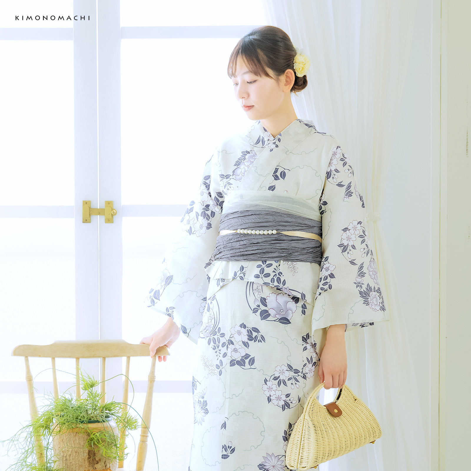 綿女性浴衣二部式：雪輪に花の丸　パープル