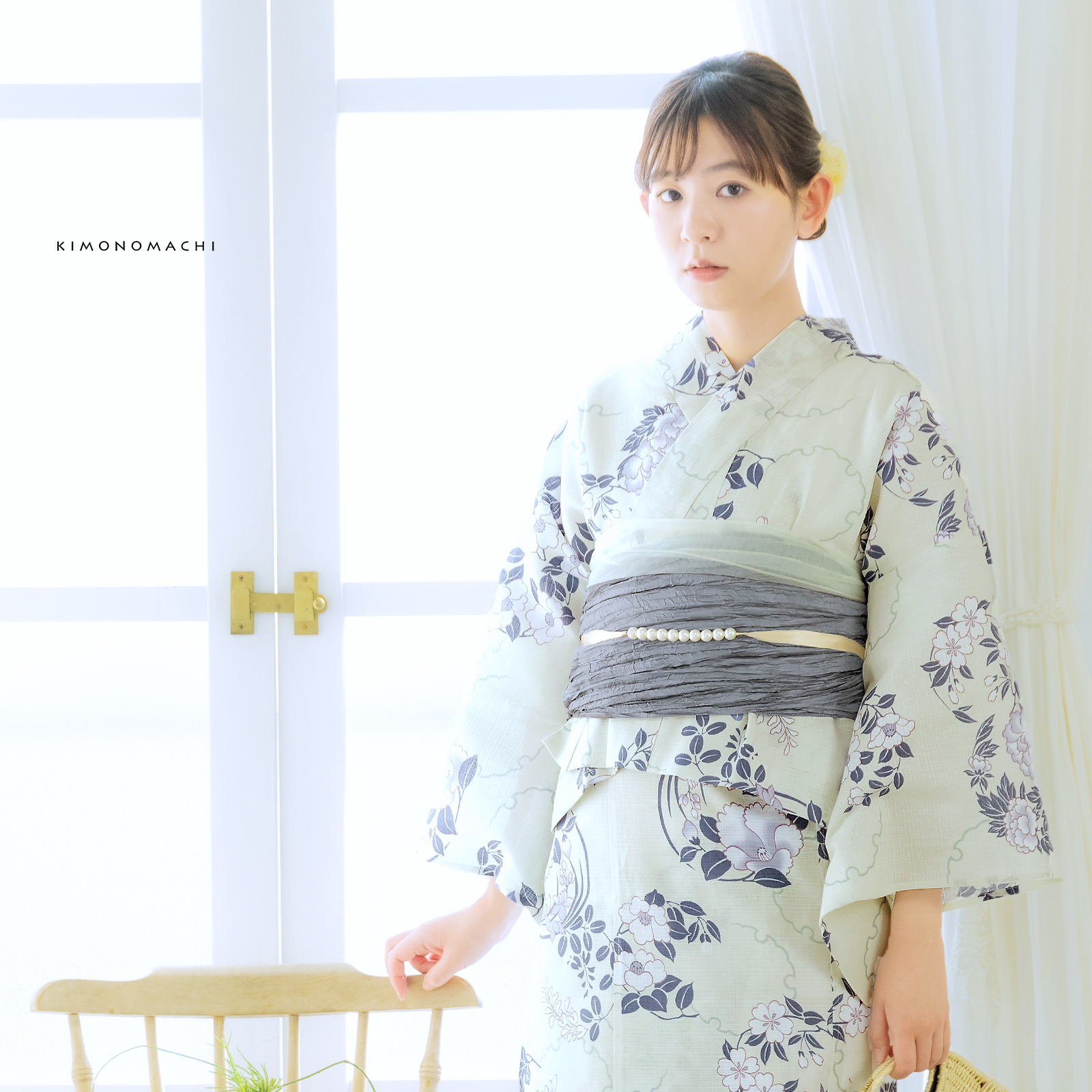 綿女性浴衣二部式：雪輪に花の丸　パープル
