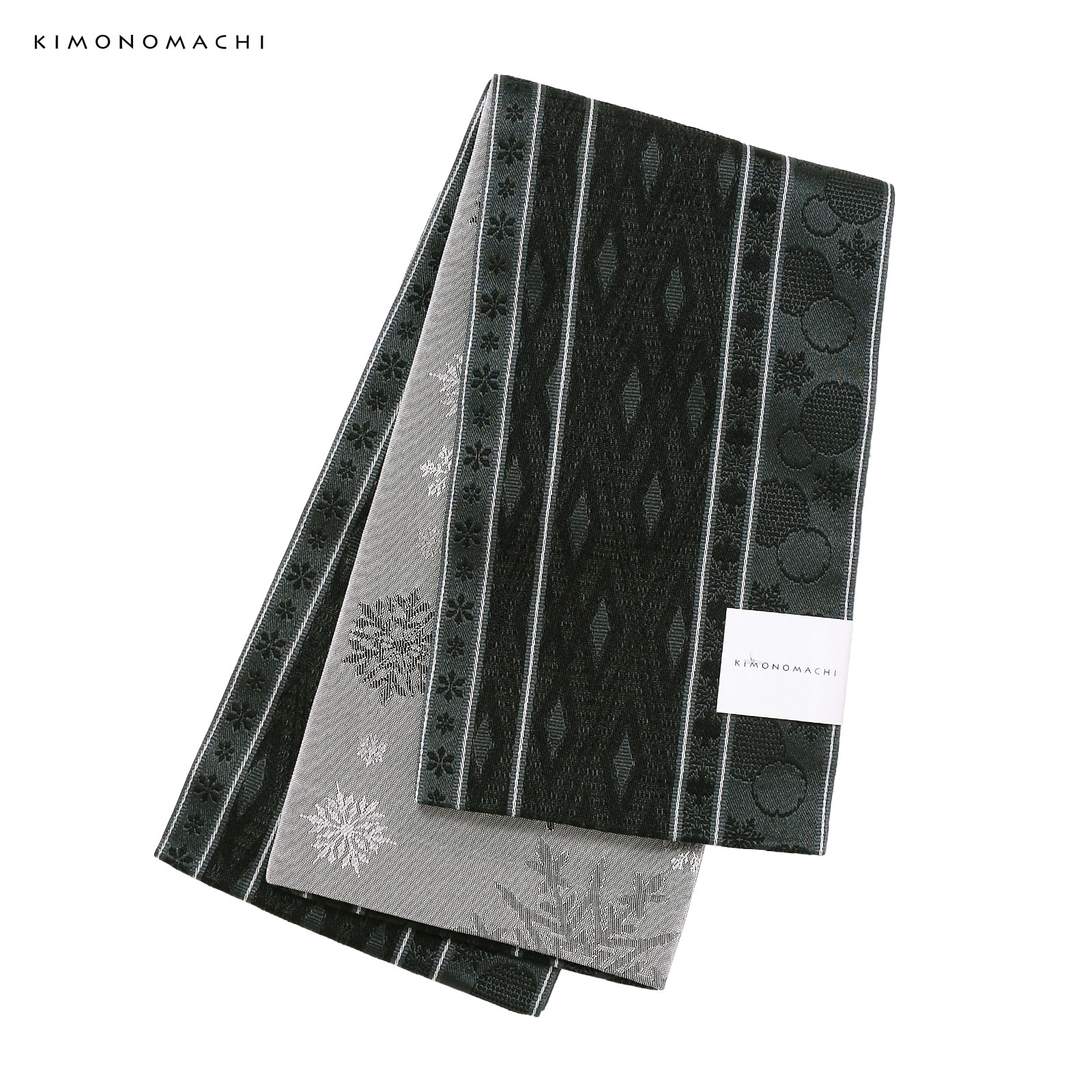 半巾帯：雪と菱格子墨黒