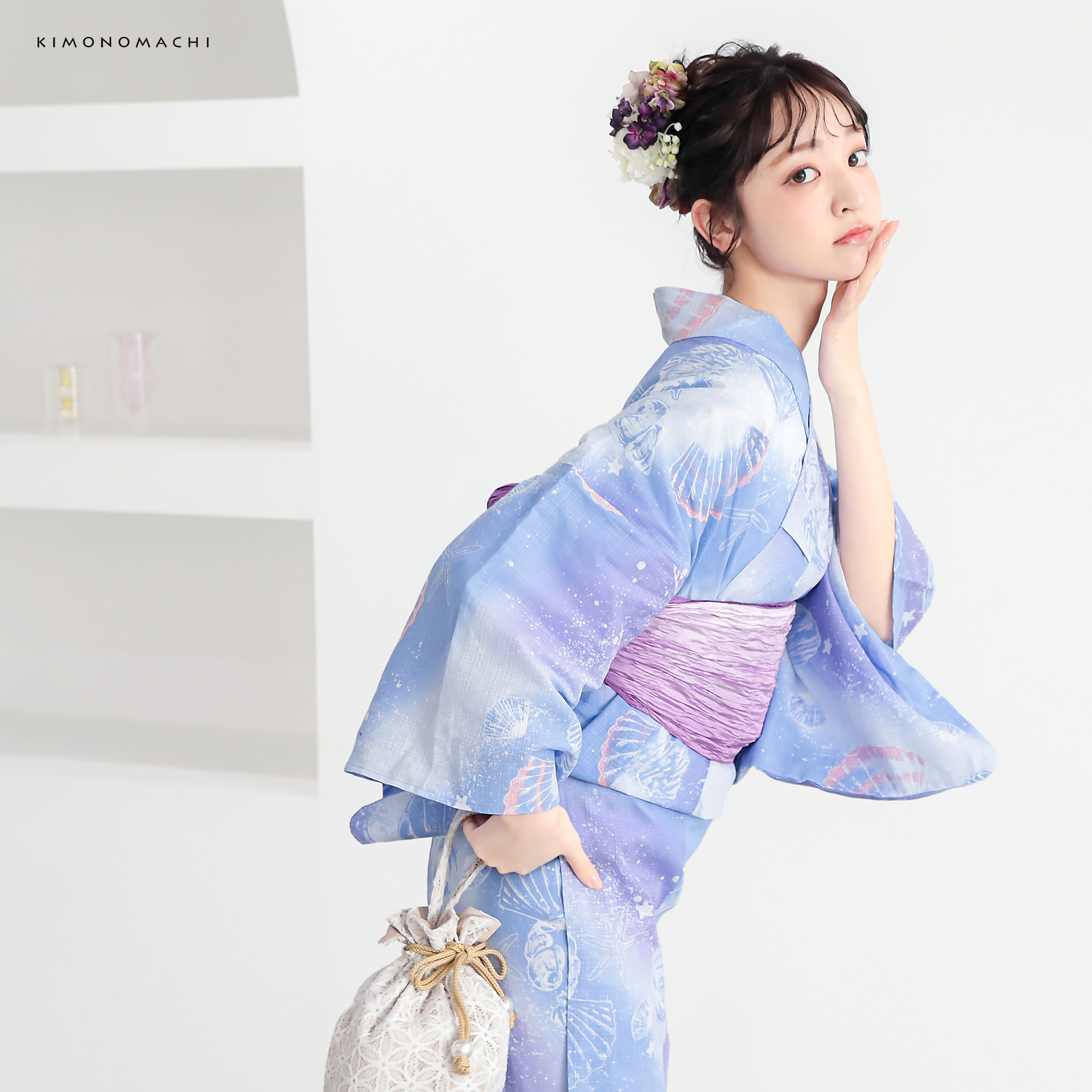 綿レディース浴衣：01貝殻　デイドリーム