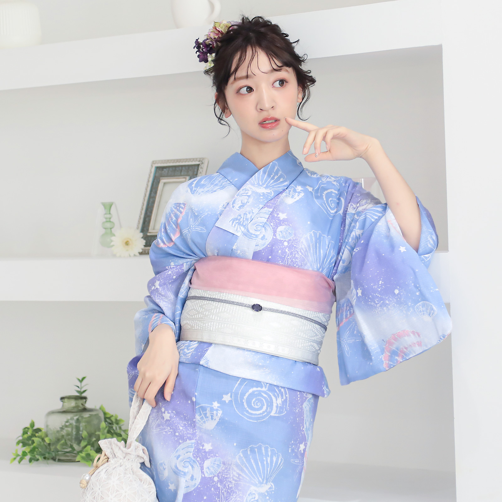 綿レディース浴衣：01貝殻　デイドリーム