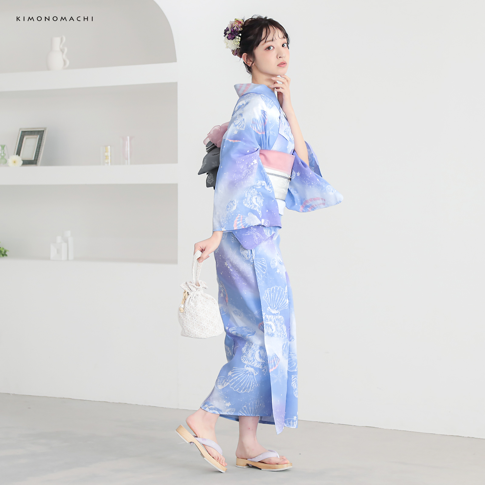 綿レディース浴衣：01貝殻　デイドリーム