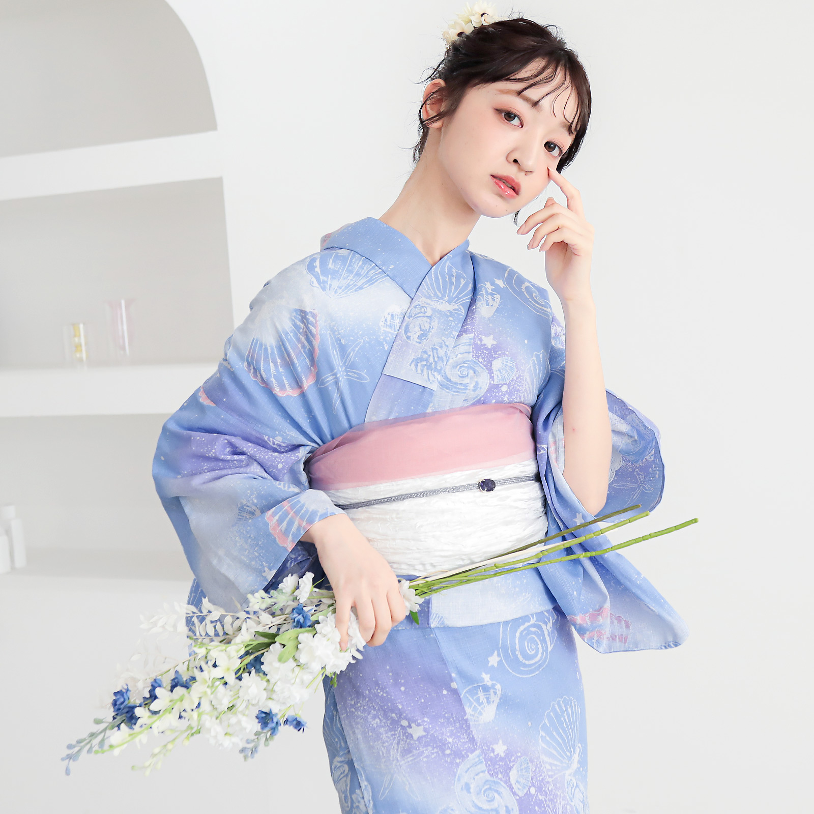 綿レディース浴衣：01貝殻　デイドリーム