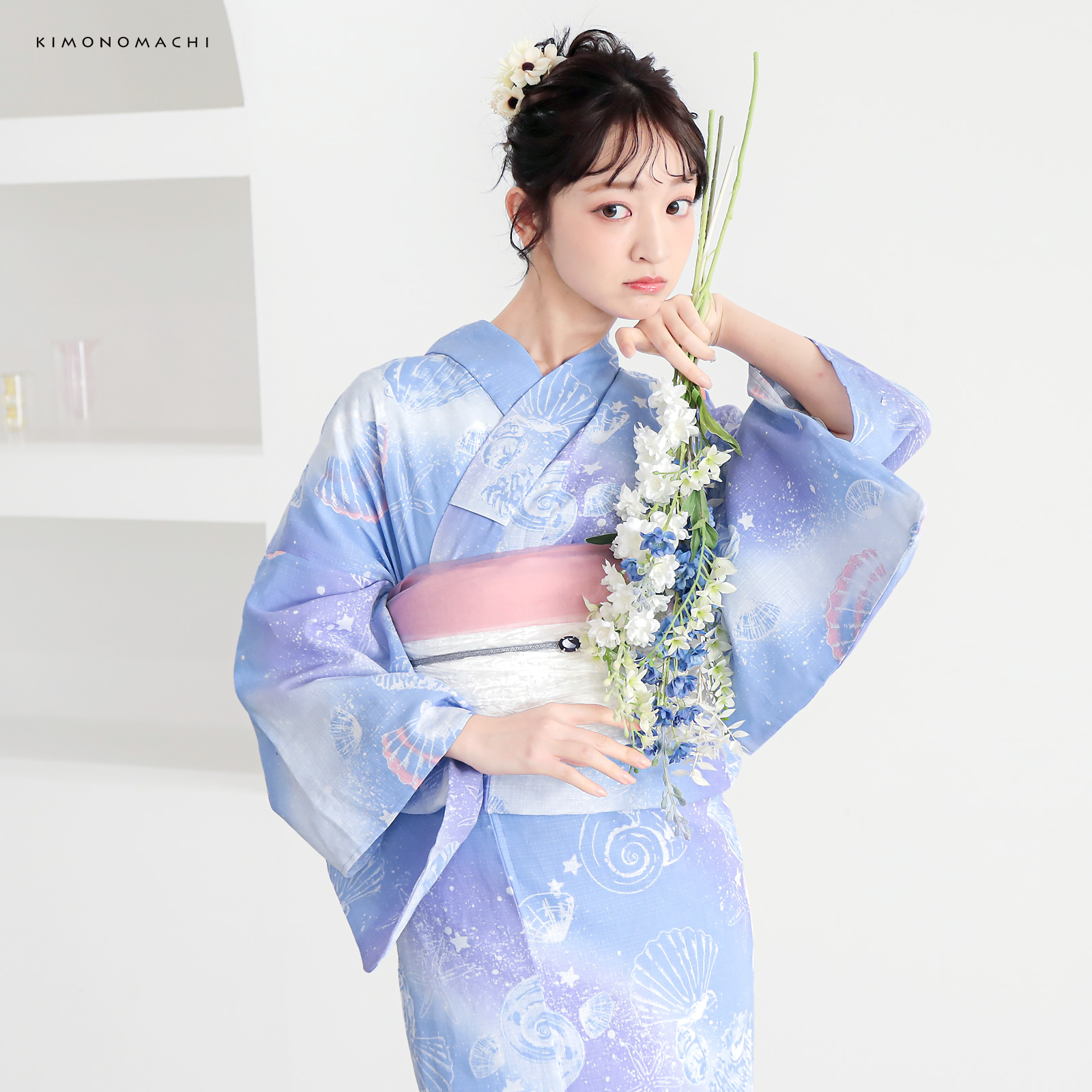 綿レディース浴衣：01貝殻　デイドリーム