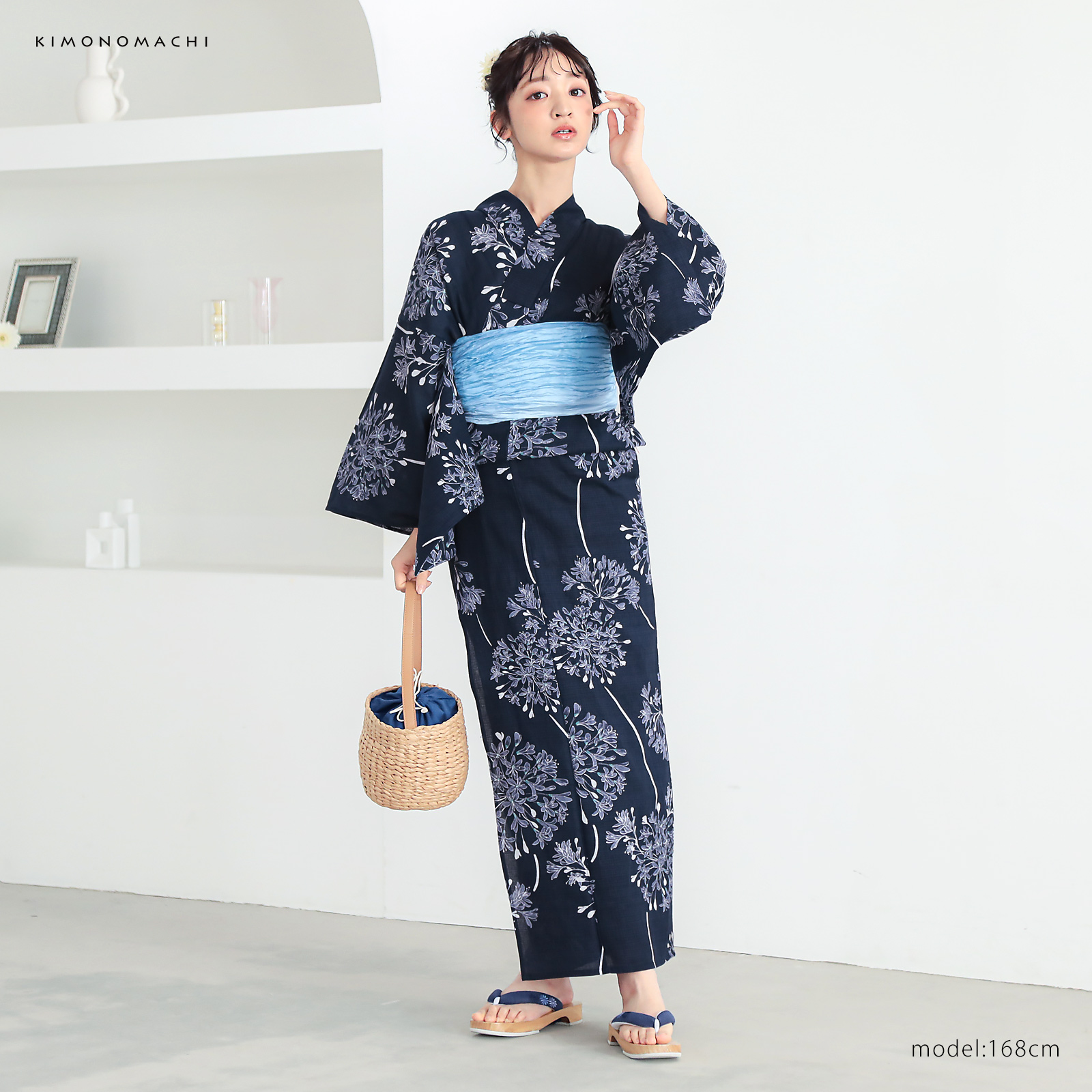 綿レディース浴衣：02アガパンサス　ディープネイビー