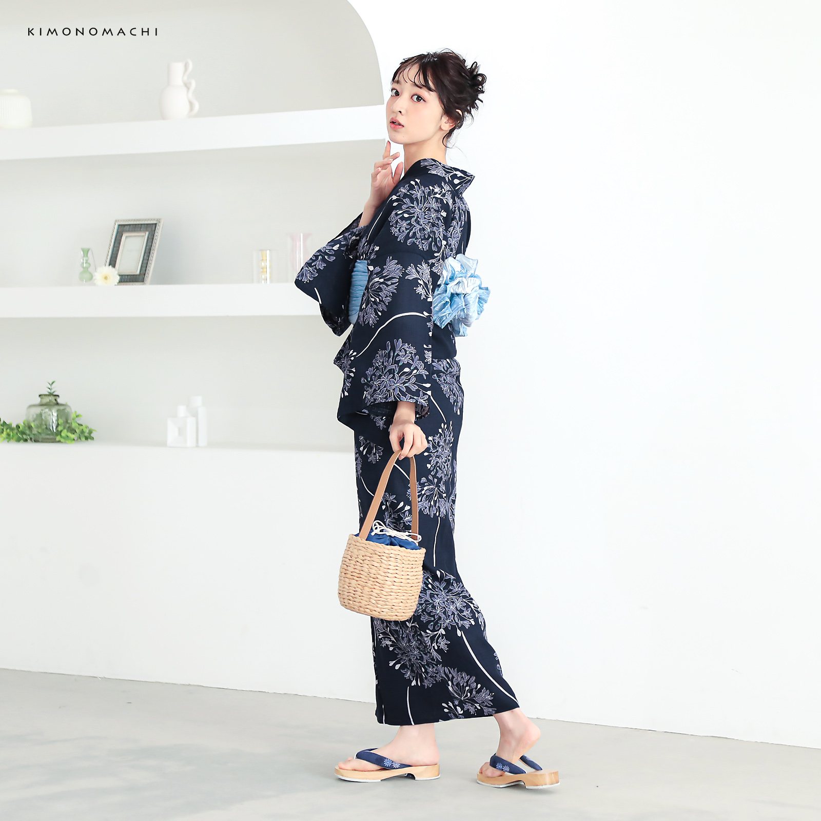 綿レディース浴衣：02アガパンサス　ディープネイビー