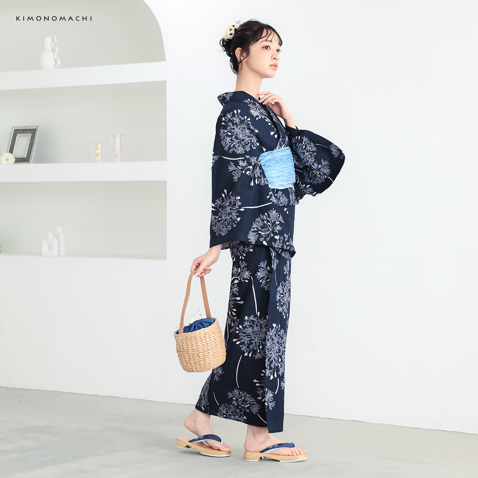 綿レディース浴衣：02アガパンサス　ディープネイビー