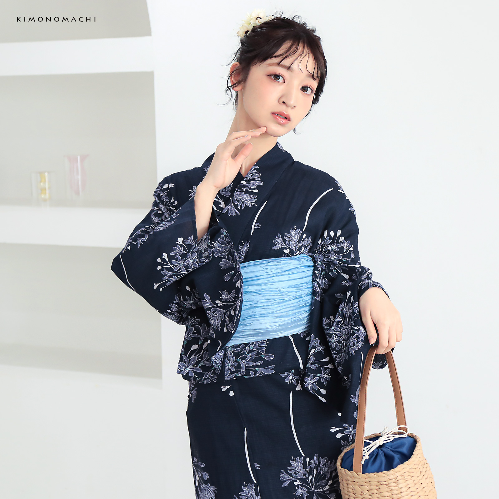 綿レディース浴衣：02アガパンサス　ディープネイビー