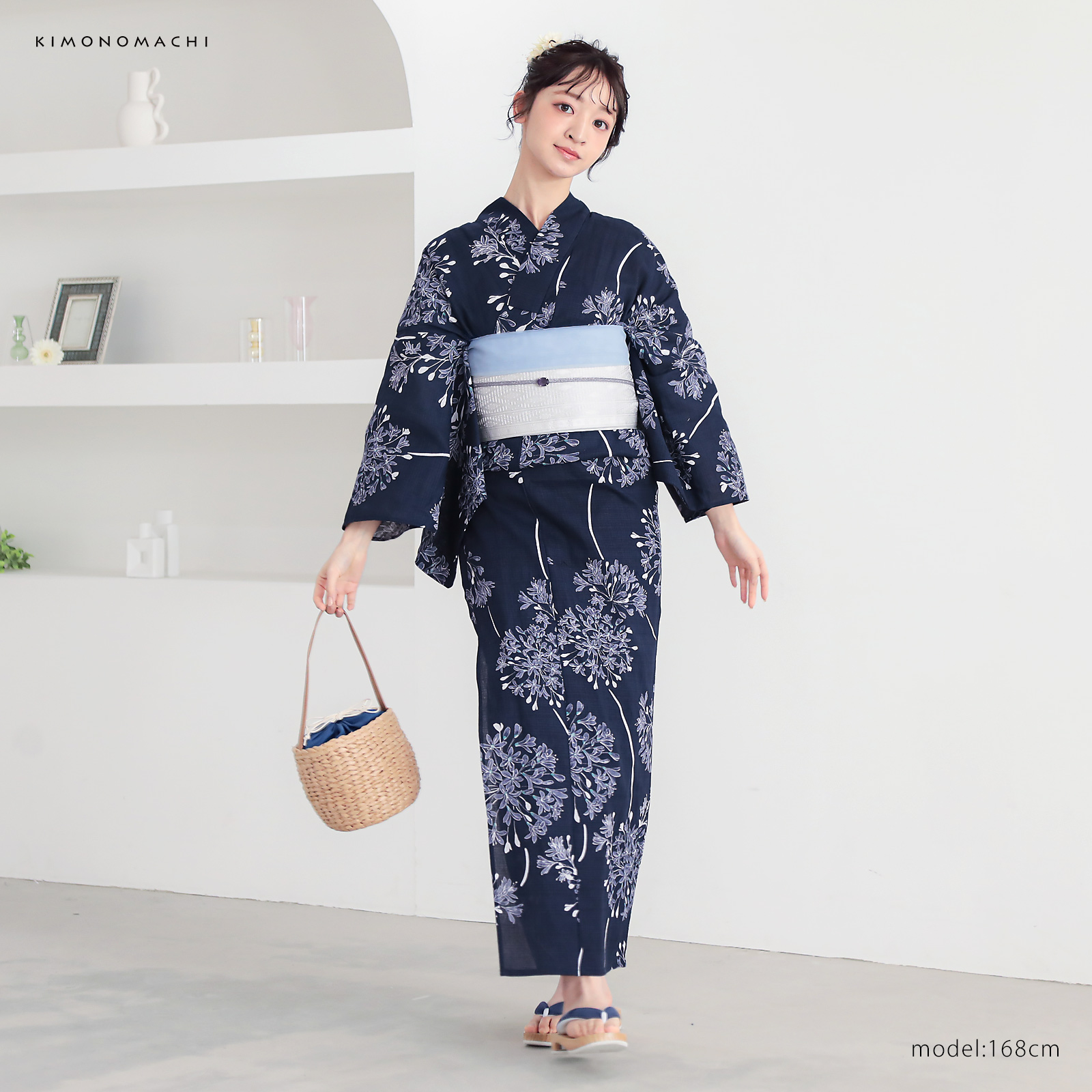 綿レディース浴衣：02アガパンサス　ディープネイビー