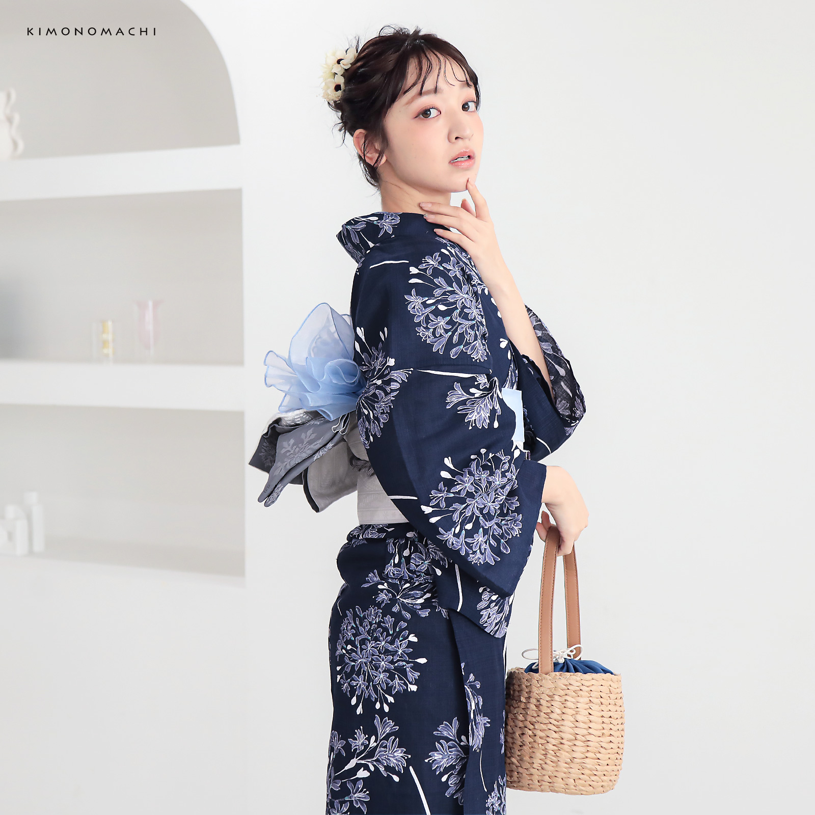綿レディース浴衣：02アガパンサス　ディープネイビー