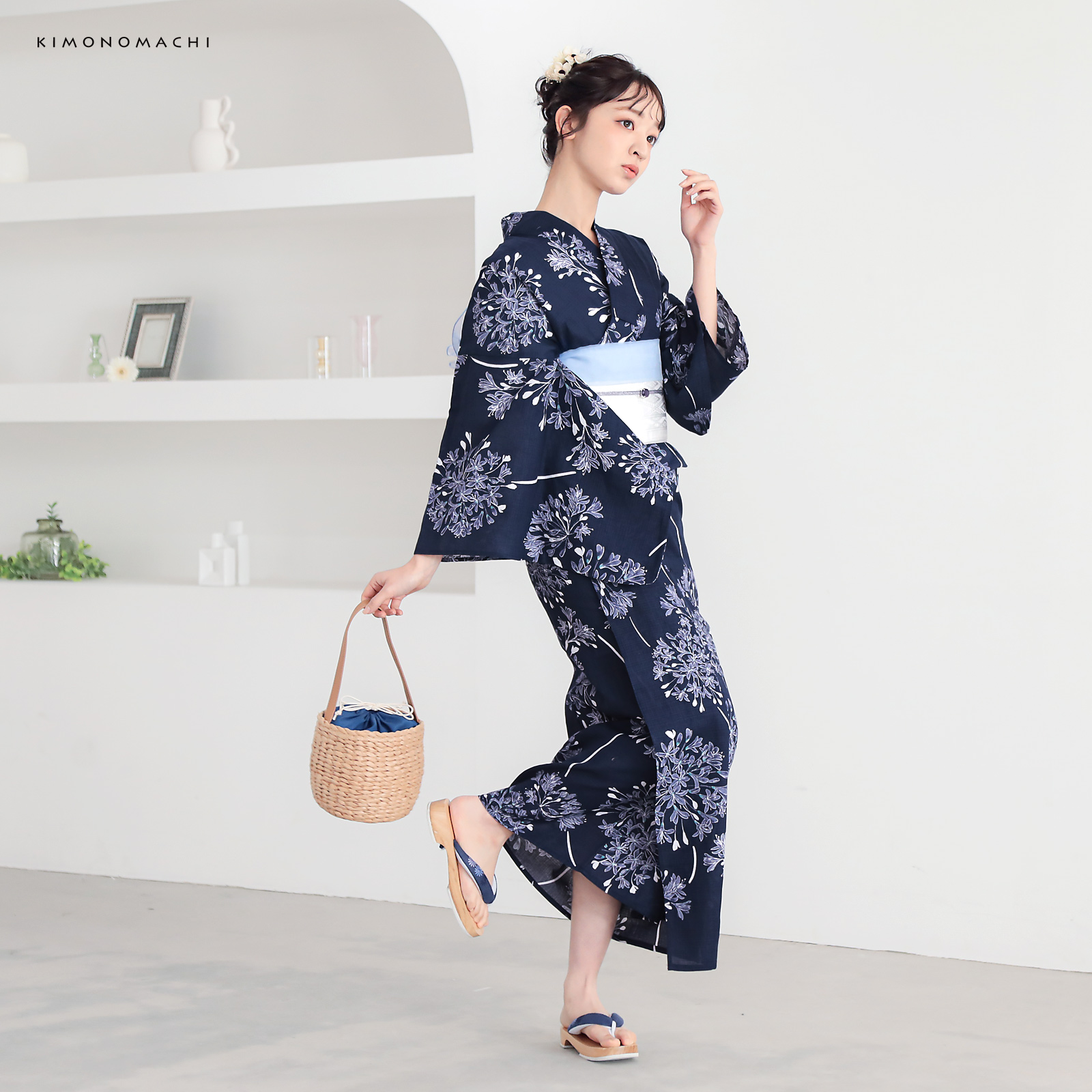 綿レディース浴衣：02アガパンサス　ディープネイビー