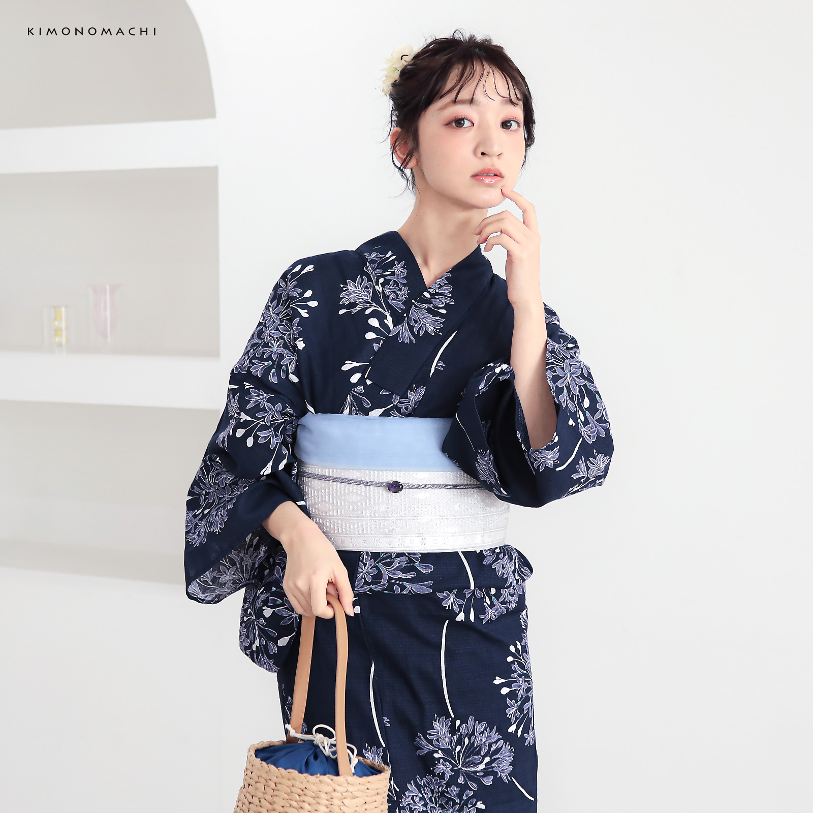 綿レディース浴衣：02アガパンサス　ディープネイビー