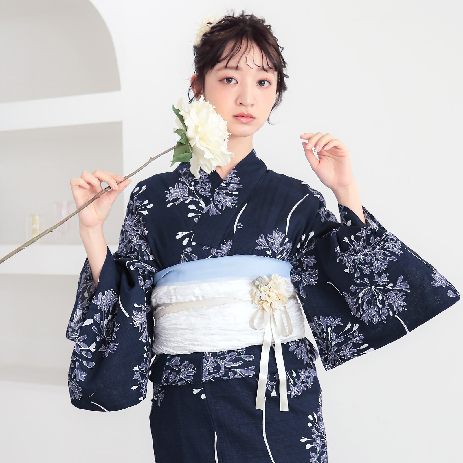 綿レディース浴衣：02アガパンサス　ディープネイビー