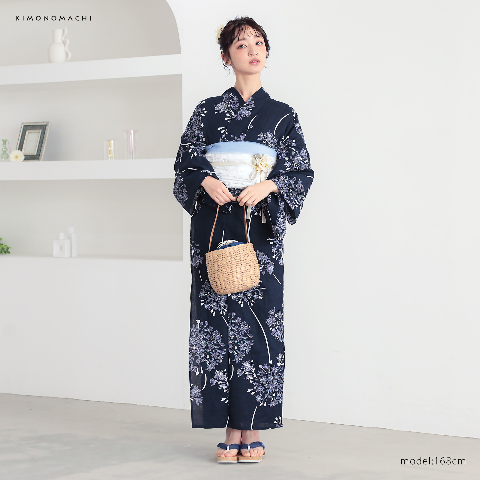 綿レディース浴衣：02アガパンサス　ディープネイビー