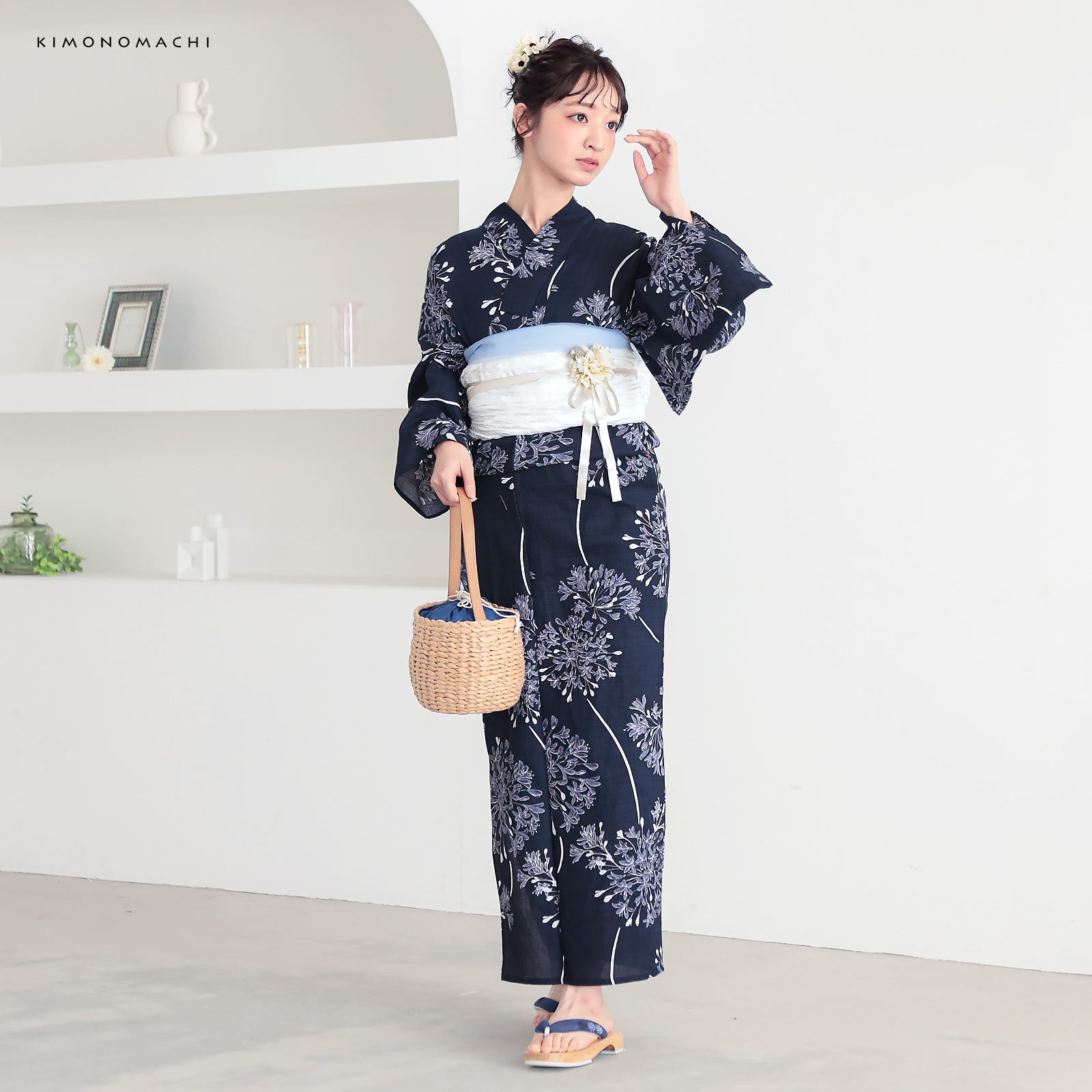 綿レディース浴衣：02アガパンサス　ディープネイビー