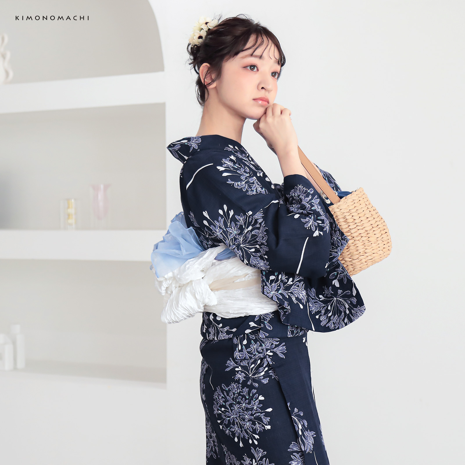 綿レディース浴衣：02アガパンサス　ディープネイビー